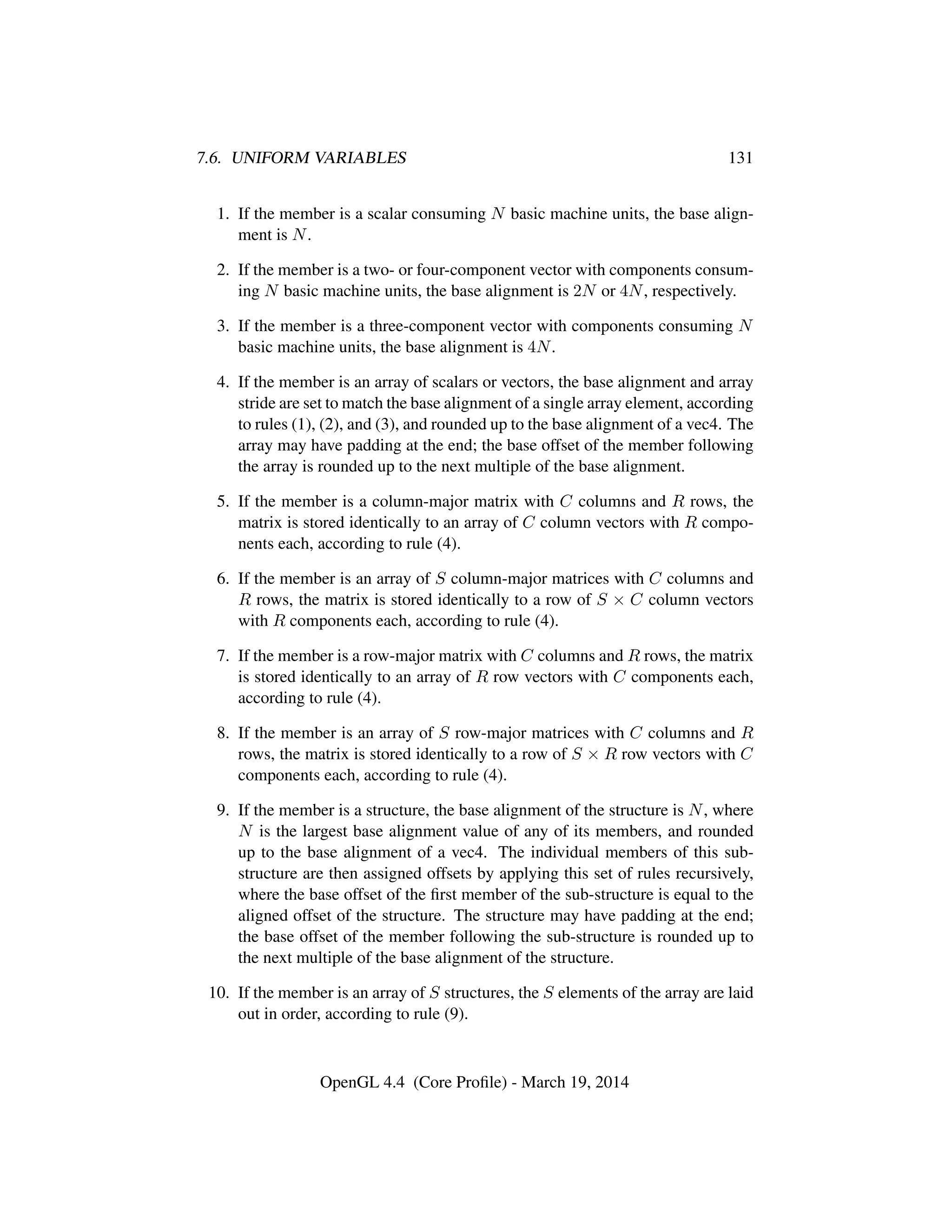 7.6. UNIFORM VARIABLES 131
1. If the member is a scalar consuming N basic machine units, the base align-
ment is N.
2. If the member is a two- or four-component vector with components consum-
ing N basic machine units, the base alignment is 2N or 4N, respectively.
3. If the member is a three-component vector with components consuming N
basic machine units, the base alignment is 4N.
4. If the member is an array of scalars or vectors, the base alignment and array
stride are set to match the base alignment of a single array element, according
to rules (1), (2), and (3), and rounded up to the base alignment of a vec4. The
array may have padding at the end; the base offset of the member following
the array is rounded up to the next multiple of the base alignment.
5. If the member is a column-major matrix with C columns and R rows, the
matrix is stored identically to an array of C column vectors with R compo-
nents each, according to rule (4).
6. If the member is an array of S column-major matrices with C columns and
R rows, the matrix is stored identically to a row of S × C column vectors
with R components each, according to rule (4).
7. If the member is a row-major matrix with C columns and R rows, the matrix
is stored identically to an array of R row vectors with C components each,
according to rule (4).
8. If the member is an array of S row-major matrices with C columns and R
rows, the matrix is stored identically to a row of S × R row vectors with C
components each, according to rule (4).
9. If the member is a structure, the base alignment of the structure is N, where
N is the largest base alignment value of any of its members, and rounded
up to the base alignment of a vec4. The individual members of this sub-
structure are then assigned offsets by applying this set of rules recursively,
where the base offset of the ﬁrst member of the sub-structure is equal to the
aligned offset of the structure. The structure may have padding at the end;
the base offset of the member following the sub-structure is rounded up to
the next multiple of the base alignment of the structure.
10. If the member is an array of S structures, the S elements of the array are laid
out in order, according to rule (9).
OpenGL 4.4 (Core Proﬁle) - March 19, 2014
 