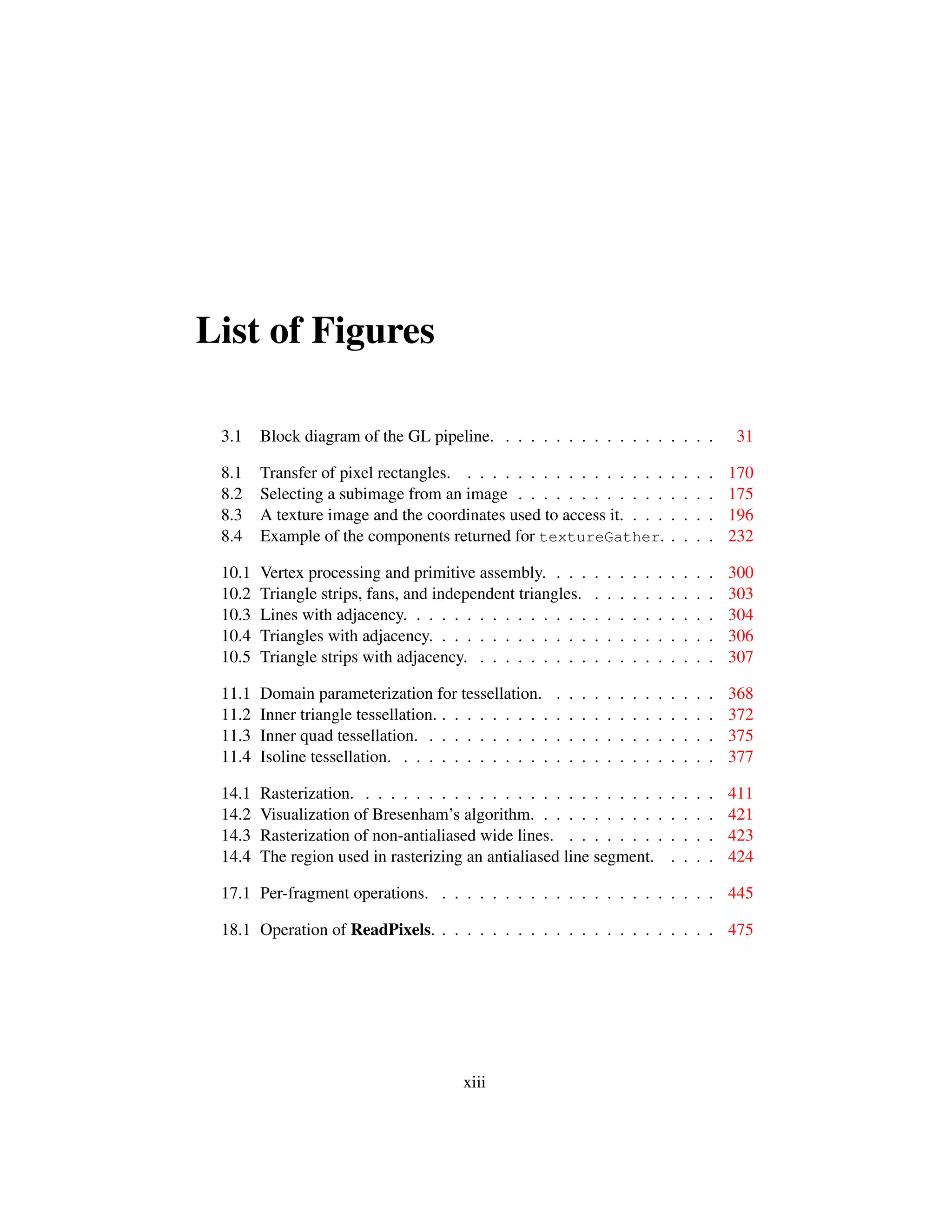 List of Figures
3.1 Block diagram of the GL pipeline. . . . . . . . . . . . . . . . . . 31
8.1 Transfer of pixel rectangles. . . . . . . . . . . . . . . . . . . . . 170
8.2 Selecting a subimage from an image . . . . . . . . . . . . . . . . 175
8.3 A texture image and the coordinates used to access it. . . . . . . . 196
8.4 Example of the components returned for textureGather. . . . . 232
10.1 Vertex processing and primitive assembly. . . . . . . . . . . . . . 300
10.2 Triangle strips, fans, and independent triangles. . . . . . . . . . . 303
10.3 Lines with adjacency. . . . . . . . . . . . . . . . . . . . . . . . . 304
10.4 Triangles with adjacency. . . . . . . . . . . . . . . . . . . . . . . 306
10.5 Triangle strips with adjacency. . . . . . . . . . . . . . . . . . . . 307
11.1 Domain parameterization for tessellation. . . . . . . . . . . . . . 368
11.2 Inner triangle tessellation. . . . . . . . . . . . . . . . . . . . . . . 372
11.3 Inner quad tessellation. . . . . . . . . . . . . . . . . . . . . . . . 375
11.4 Isoline tessellation. . . . . . . . . . . . . . . . . . . . . . . . . . 377
14.1 Rasterization. . . . . . . . . . . . . . . . . . . . . . . . . . . . . 411
14.2 Visualization of Bresenham’s algorithm. . . . . . . . . . . . . . . 421
14.3 Rasterization of non-antialiased wide lines. . . . . . . . . . . . . 423
14.4 The region used in rasterizing an antialiased line segment. . . . . 424
17.1 Per-fragment operations. . . . . . . . . . . . . . . . . . . . . . . 445
18.1 Operation of ReadPixels. . . . . . . . . . . . . . . . . . . . . . . 475
xiii
 