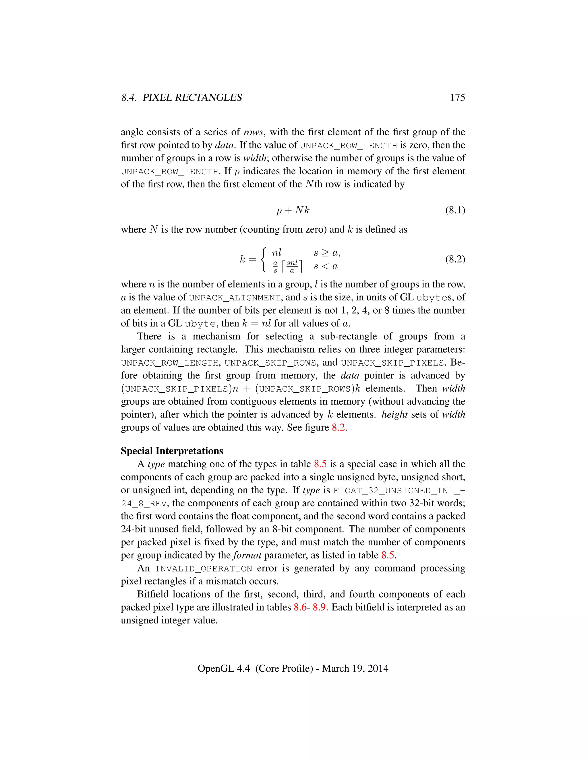 8.4. PIXEL RECTANGLES 175
angle consists of a series of rows, with the ﬁrst element of the ﬁrst group of the
ﬁrst row pointed to by data. If the value of UNPACK_ROW_LENGTH is zero, then the
number of groups in a row is width; otherwise the number of groups is the value of
UNPACK_ROW_LENGTH. If p indicates the location in memory of the ﬁrst element
of the ﬁrst row, then the ﬁrst element of the Nth row is indicated by
p + Nk (8.1)
where N is the row number (counting from zero) and k is deﬁned as
k =
nl s ≥ a,
a
s
snl
a s < a
(8.2)
where n is the number of elements in a group, l is the number of groups in the row,
a is the value of UNPACK_ALIGNMENT, and s is the size, in units of GL ubytes, of
an element. If the number of bits per element is not 1, 2, 4, or 8 times the number
of bits in a GL ubyte, then k = nl for all values of a.
There is a mechanism for selecting a sub-rectangle of groups from a
larger containing rectangle. This mechanism relies on three integer parameters:
UNPACK_ROW_LENGTH, UNPACK_SKIP_ROWS, and UNPACK_SKIP_PIXELS. Be-
fore obtaining the ﬁrst group from memory, the data pointer is advanced by
(UNPACK_SKIP_PIXELS)n + (UNPACK_SKIP_ROWS)k elements. Then width
groups are obtained from contiguous elements in memory (without advancing the
pointer), after which the pointer is advanced by k elements. height sets of width
groups of values are obtained this way. See ﬁgure 8.2.
Special Interpretations
A type matching one of the types in table 8.5 is a special case in which all the
components of each group are packed into a single unsigned byte, unsigned short,
or unsigned int, depending on the type. If type is FLOAT_32_UNSIGNED_INT_-
24_8_REV, the components of each group are contained within two 32-bit words;
the ﬁrst word contains the ﬂoat component, and the second word contains a packed
24-bit unused ﬁeld, followed by an 8-bit component. The number of components
per packed pixel is ﬁxed by the type, and must match the number of components
per group indicated by the format parameter, as listed in table 8.5.
An INVALID_OPERATION error is generated by any command processing
pixel rectangles if a mismatch occurs.
Bitﬁeld locations of the ﬁrst, second, third, and fourth components of each
packed pixel type are illustrated in tables 8.6- 8.9. Each bitﬁeld is interpreted as an
unsigned integer value.
OpenGL 4.4 (Core Proﬁle) - March 19, 2014
 