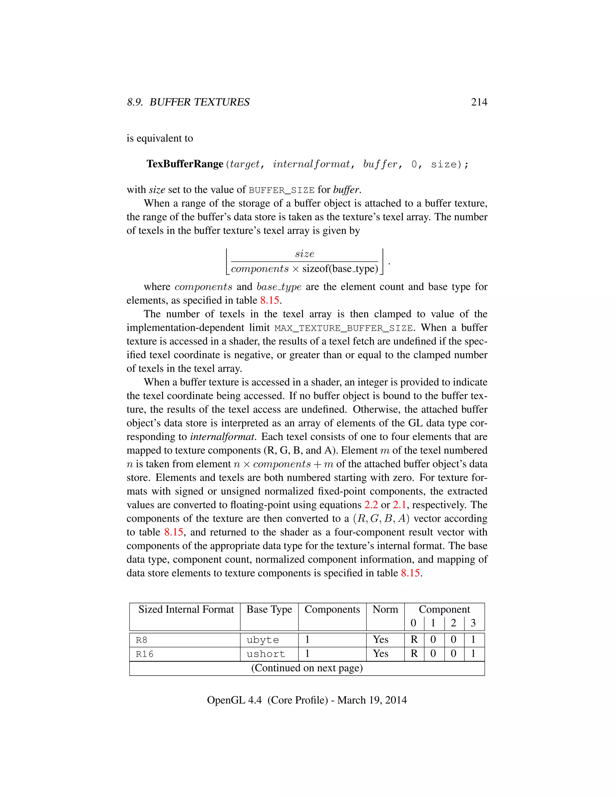 8.9. BUFFER TEXTURES 214
is equivalent to
TexBufferRange(target, internalformat, buffer, 0, size);
with size set to the value of BUFFER_SIZE for buffer.
When a range of the storage of a buffer object is attached to a buffer texture,
the range of the buffer’s data store is taken as the texture’s texel array. The number
of texels in the buffer texture’s texel array is given by
size
components × sizeof(base type)
.
where components and base type are the element count and base type for
elements, as speciﬁed in table 8.15.
The number of texels in the texel array is then clamped to value of the
implementation-dependent limit MAX_TEXTURE_BUFFER_SIZE. When a buffer
texture is accessed in a shader, the results of a texel fetch are undeﬁned if the spec-
iﬁed texel coordinate is negative, or greater than or equal to the clamped number
of texels in the texel array.
When a buffer texture is accessed in a shader, an integer is provided to indicate
the texel coordinate being accessed. If no buffer object is bound to the buffer tex-
ture, the results of the texel access are undeﬁned. Otherwise, the attached buffer
object’s data store is interpreted as an array of elements of the GL data type cor-
responding to internalformat. Each texel consists of one to four elements that are
mapped to texture components (R, G, B, and A). Element m of the texel numbered
n is taken from element n × components + m of the attached buffer object’s data
store. Elements and texels are both numbered starting with zero. For texture for-
mats with signed or unsigned normalized ﬁxed-point components, the extracted
values are converted to ﬂoating-point using equations 2.2 or 2.1, respectively. The
components of the texture are then converted to a (R, G, B, A) vector according
to table 8.15, and returned to the shader as a four-component result vector with
components of the appropriate data type for the texture’s internal format. The base
data type, component count, normalized component information, and mapping of
data store elements to texture components is speciﬁed in table 8.15.
Sized Internal Format Base Type Components Norm Component
0 1 2 3
R8 ubyte 1 Yes R 0 0 1
R16 ushort 1 Yes R 0 0 1
(Continued on next page)
OpenGL 4.4 (Core Proﬁle) - March 19, 2014
 