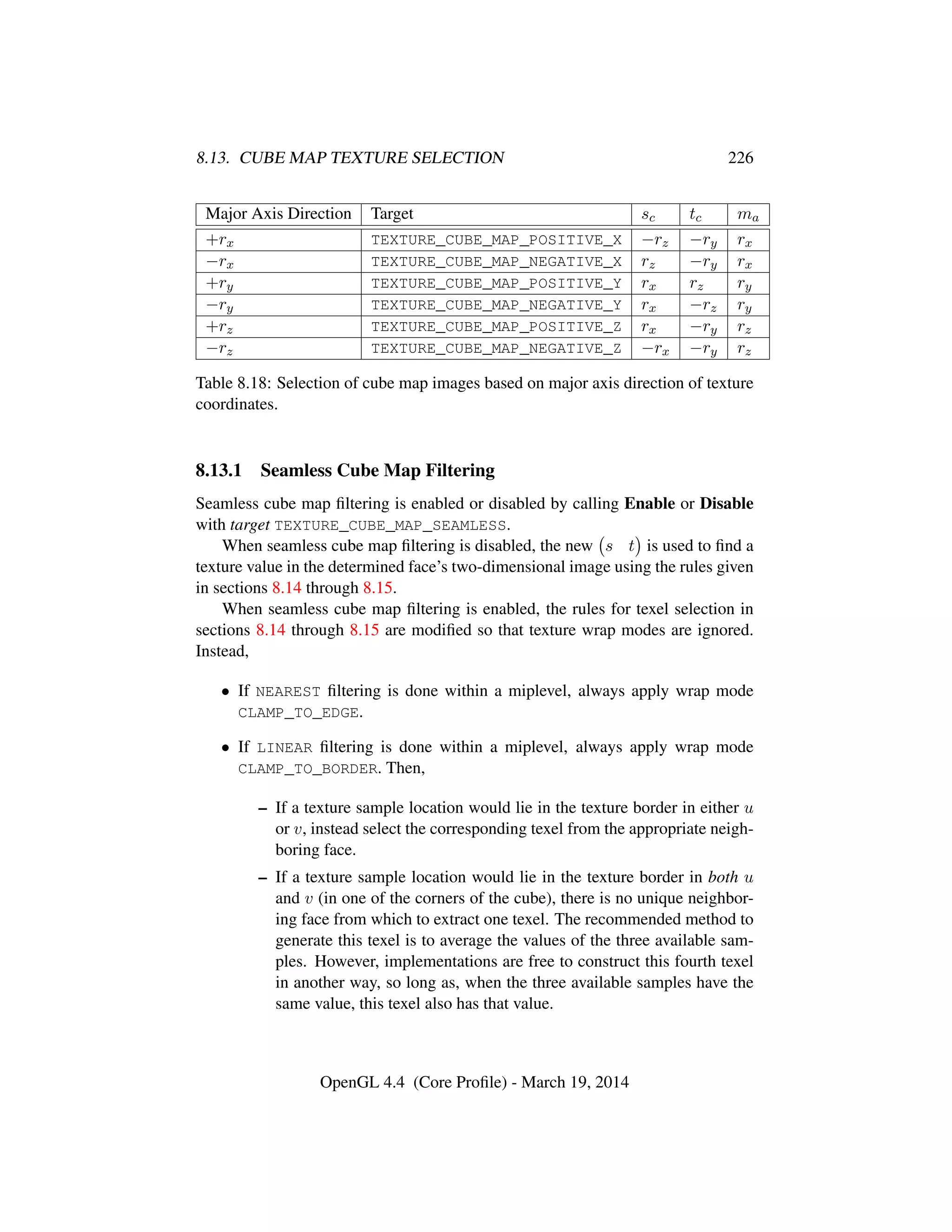 8.13. CUBE MAP TEXTURE SELECTION 226
Major Axis Direction Target sc tc ma
+rx TEXTURE_CUBE_MAP_POSITIVE_X −rz −ry rx
−rx TEXTURE_CUBE_MAP_NEGATIVE_X rz −ry rx
+ry TEXTURE_CUBE_MAP_POSITIVE_Y rx rz ry
−ry TEXTURE_CUBE_MAP_NEGATIVE_Y rx −rz ry
+rz TEXTURE_CUBE_MAP_POSITIVE_Z rx −ry rz
−rz TEXTURE_CUBE_MAP_NEGATIVE_Z −rx −ry rz
Table 8.18: Selection of cube map images based on major axis direction of texture
coordinates.
8.13.1 Seamless Cube Map Filtering
Seamless cube map ﬁltering is enabled or disabled by calling Enable or Disable
with target TEXTURE_CUBE_MAP_SEAMLESS.
When seamless cube map ﬁltering is disabled, the new s t is used to ﬁnd a
texture value in the determined face’s two-dimensional image using the rules given
in sections 8.14 through 8.15.
When seamless cube map ﬁltering is enabled, the rules for texel selection in
sections 8.14 through 8.15 are modiﬁed so that texture wrap modes are ignored.
Instead,
• If NEAREST ﬁltering is done within a miplevel, always apply wrap mode
CLAMP_TO_EDGE.
• If LINEAR ﬁltering is done within a miplevel, always apply wrap mode
CLAMP_TO_BORDER. Then,
– If a texture sample location would lie in the texture border in either u
or v, instead select the corresponding texel from the appropriate neigh-
boring face.
– If a texture sample location would lie in the texture border in both u
and v (in one of the corners of the cube), there is no unique neighbor-
ing face from which to extract one texel. The recommended method to
generate this texel is to average the values of the three available sam-
ples. However, implementations are free to construct this fourth texel
in another way, so long as, when the three available samples have the
same value, this texel also has that value.
OpenGL 4.4 (Core Proﬁle) - March 19, 2014
 