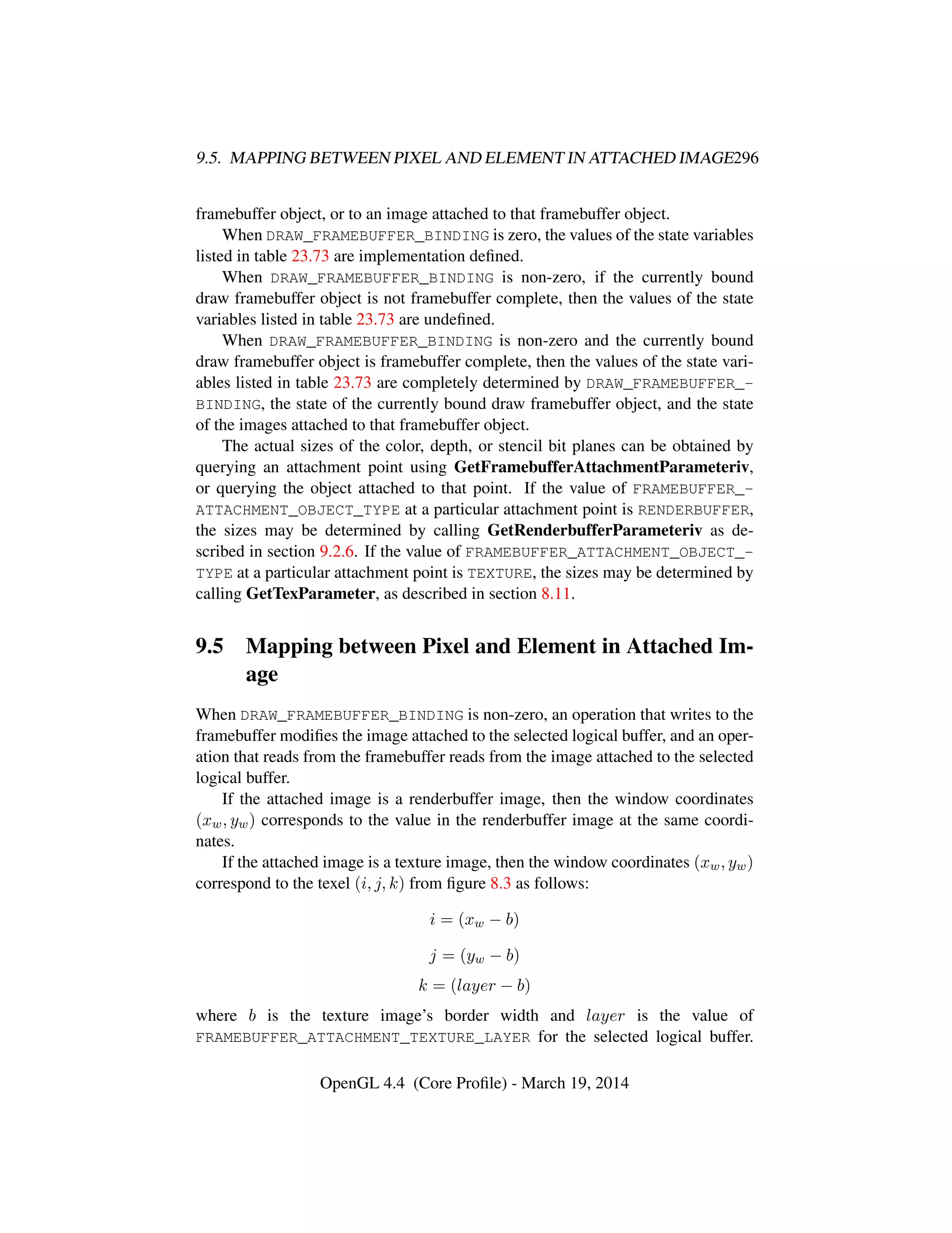 9.5. MAPPING BETWEEN PIXEL AND ELEMENT IN ATTACHED IMAGE296
framebuffer object, or to an image attached to that framebuffer object.
When DRAW_FRAMEBUFFER_BINDING is zero, the values of the state variables
listed in table 23.73 are implementation deﬁned.
When DRAW_FRAMEBUFFER_BINDING is non-zero, if the currently bound
draw framebuffer object is not framebuffer complete, then the values of the state
variables listed in table 23.73 are undeﬁned.
When DRAW_FRAMEBUFFER_BINDING is non-zero and the currently bound
draw framebuffer object is framebuffer complete, then the values of the state vari-
ables listed in table 23.73 are completely determined by DRAW_FRAMEBUFFER_-
BINDING, the state of the currently bound draw framebuffer object, and the state
of the images attached to that framebuffer object.
The actual sizes of the color, depth, or stencil bit planes can be obtained by
querying an attachment point using GetFramebufferAttachmentParameteriv,
or querying the object attached to that point. If the value of FRAMEBUFFER_-
ATTACHMENT_OBJECT_TYPE at a particular attachment point is RENDERBUFFER,
the sizes may be determined by calling GetRenderbufferParameteriv as de-
scribed in section 9.2.6. If the value of FRAMEBUFFER_ATTACHMENT_OBJECT_-
TYPE at a particular attachment point is TEXTURE, the sizes may be determined by
calling GetTexParameter, as described in section 8.11.
9.5 Mapping between Pixel and Element in Attached Im-
age
When DRAW_FRAMEBUFFER_BINDING is non-zero, an operation that writes to the
framebuffer modiﬁes the image attached to the selected logical buffer, and an oper-
ation that reads from the framebuffer reads from the image attached to the selected
logical buffer.
If the attached image is a renderbuffer image, then the window coordinates
(xw, yw) corresponds to the value in the renderbuffer image at the same coordi-
nates.
If the attached image is a texture image, then the window coordinates (xw, yw)
correspond to the texel (i, j, k) from ﬁgure 8.3 as follows:
i = (xw − b)
j = (yw − b)
k = (layer − b)
where b is the texture image’s border width and layer is the value of
FRAMEBUFFER_ATTACHMENT_TEXTURE_LAYER for the selected logical buffer.
OpenGL 4.4 (Core Proﬁle) - March 19, 2014
 
