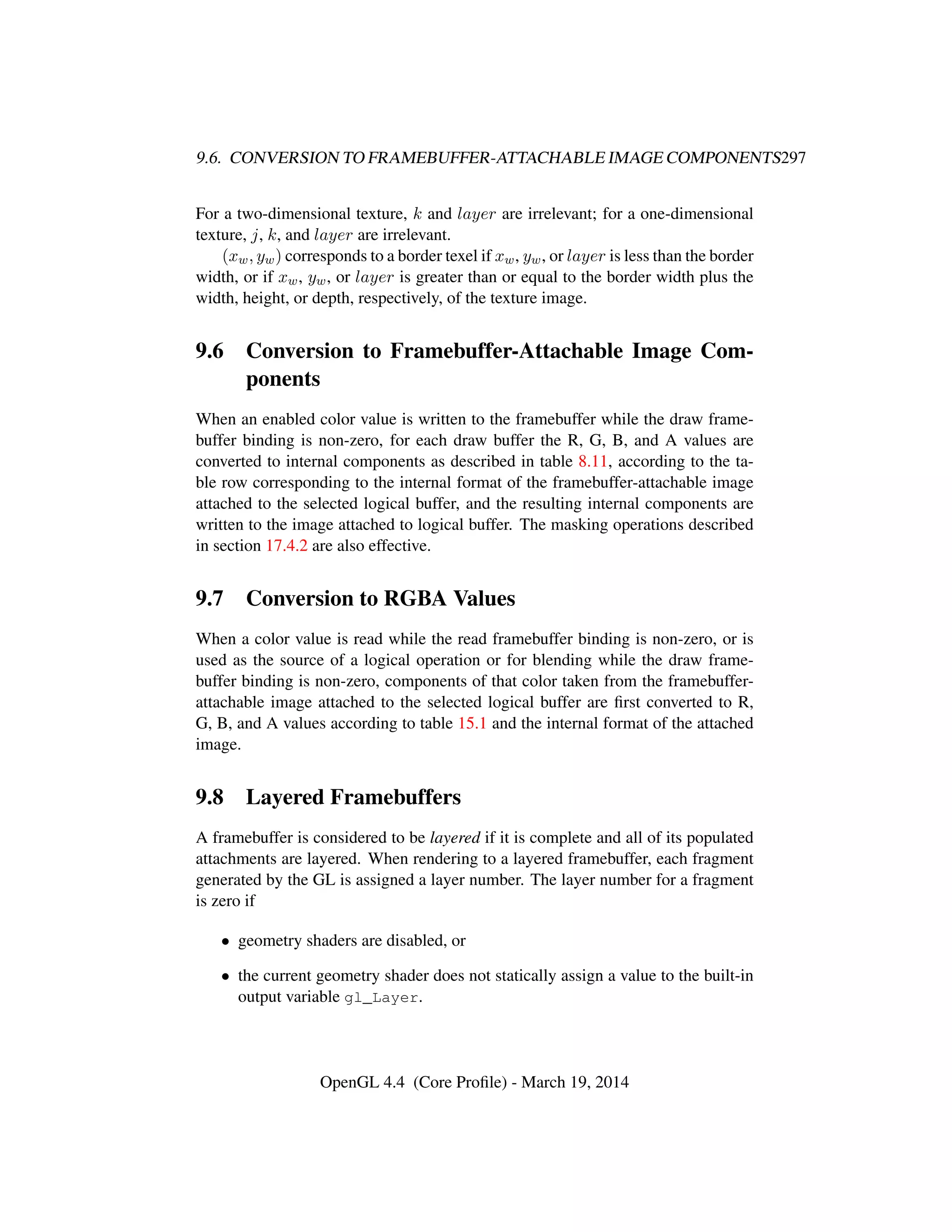 9.6. CONVERSION TO FRAMEBUFFER-ATTACHABLE IMAGE COMPONENTS297
For a two-dimensional texture, k and layer are irrelevant; for a one-dimensional
texture, j, k, and layer are irrelevant.
(xw, yw) corresponds to a border texel if xw, yw, or layer is less than the border
width, or if xw, yw, or layer is greater than or equal to the border width plus the
width, height, or depth, respectively, of the texture image.
9.6 Conversion to Framebuffer-Attachable Image Com-
ponents
When an enabled color value is written to the framebuffer while the draw frame-
buffer binding is non-zero, for each draw buffer the R, G, B, and A values are
converted to internal components as described in table 8.11, according to the ta-
ble row corresponding to the internal format of the framebuffer-attachable image
attached to the selected logical buffer, and the resulting internal components are
written to the image attached to logical buffer. The masking operations described
in section 17.4.2 are also effective.
9.7 Conversion to RGBA Values
When a color value is read while the read framebuffer binding is non-zero, or is
used as the source of a logical operation or for blending while the draw frame-
buffer binding is non-zero, components of that color taken from the framebuffer-
attachable image attached to the selected logical buffer are ﬁrst converted to R,
G, B, and A values according to table 15.1 and the internal format of the attached
image.
9.8 Layered Framebuffers
A framebuffer is considered to be layered if it is complete and all of its populated
attachments are layered. When rendering to a layered framebuffer, each fragment
generated by the GL is assigned a layer number. The layer number for a fragment
is zero if
• geometry shaders are disabled, or
• the current geometry shader does not statically assign a value to the built-in
output variable gl_Layer.
OpenGL 4.4 (Core Proﬁle) - March 19, 2014
 