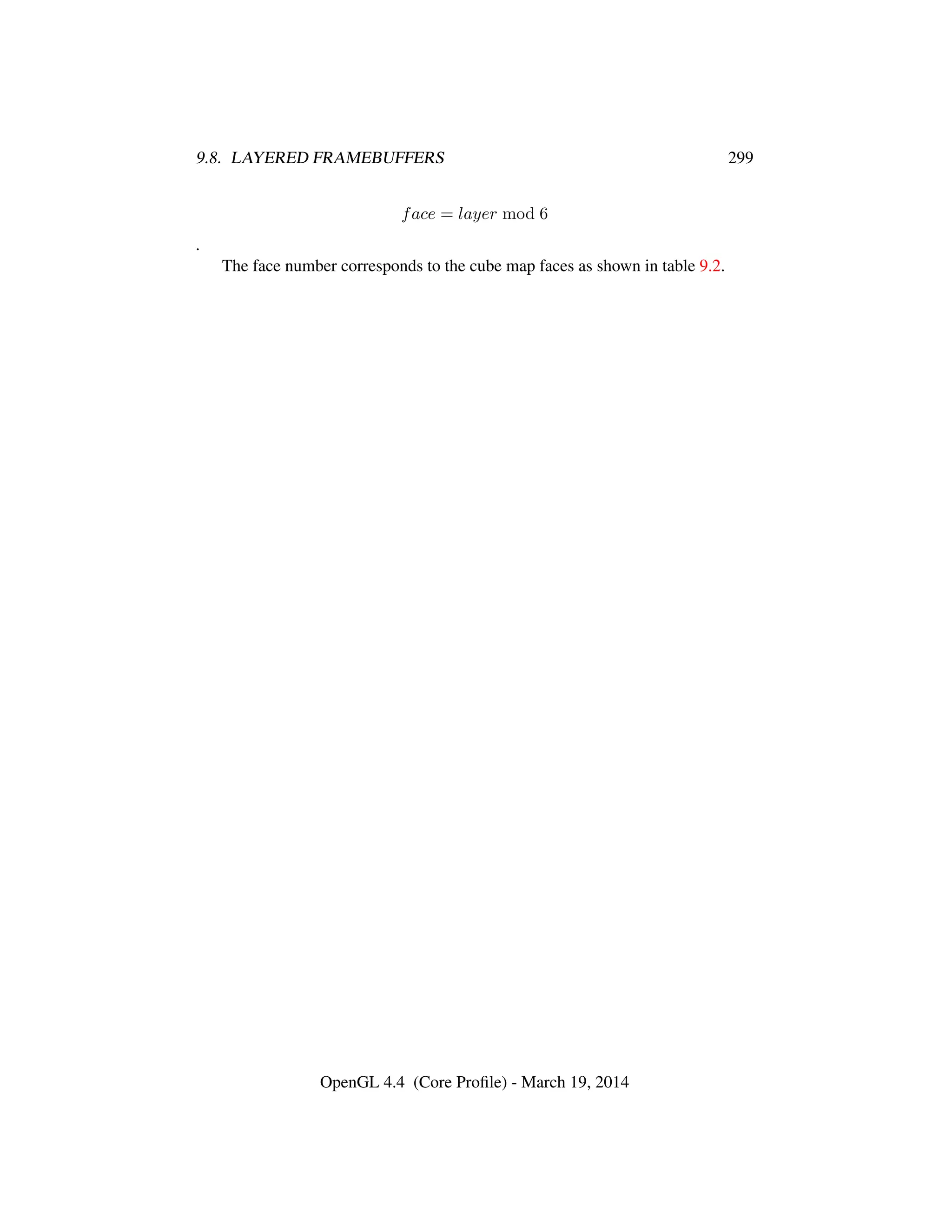 9.8. LAYERED FRAMEBUFFERS 299
face = layer mod 6
.
The face number corresponds to the cube map faces as shown in table 9.2.
OpenGL 4.4 (Core Proﬁle) - March 19, 2014
 