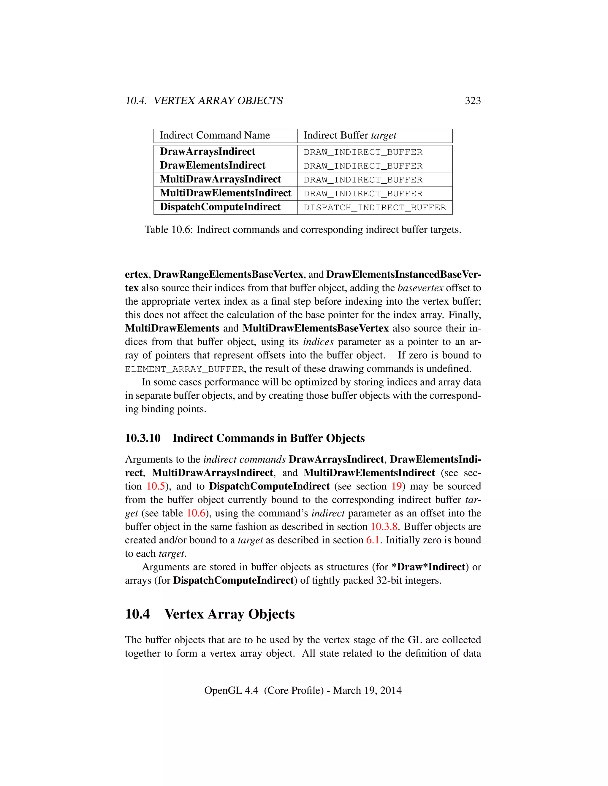 10.4. VERTEX ARRAY OBJECTS 323
Indirect Command Name Indirect Buffer target
DrawArraysIndirect DRAW_INDIRECT_BUFFER
DrawElementsIndirect DRAW_INDIRECT_BUFFER
MultiDrawArraysIndirect DRAW_INDIRECT_BUFFER
MultiDrawElementsIndirect DRAW_INDIRECT_BUFFER
DispatchComputeIndirect DISPATCH_INDIRECT_BUFFER
Table 10.6: Indirect commands and corresponding indirect buffer targets.
ertex, DrawRangeElementsBaseVertex, and DrawElementsInstancedBaseVer-
tex also source their indices from that buffer object, adding the basevertex offset to
the appropriate vertex index as a ﬁnal step before indexing into the vertex buffer;
this does not affect the calculation of the base pointer for the index array. Finally,
MultiDrawElements and MultiDrawElementsBaseVertex also source their in-
dices from that buffer object, using its indices parameter as a pointer to an ar-
ray of pointers that represent offsets into the buffer object. If zero is bound to
ELEMENT_ARRAY_BUFFER, the result of these drawing commands is undeﬁned.
In some cases performance will be optimized by storing indices and array data
in separate buffer objects, and by creating those buffer objects with the correspond-
ing binding points.
10.3.10 Indirect Commands in Buffer Objects
Arguments to the indirect commands DrawArraysIndirect, DrawElementsIndi-
rect, MultiDrawArraysIndirect, and MultiDrawElementsIndirect (see sec-
tion 10.5), and to DispatchComputeIndirect (see section 19) may be sourced
from the buffer object currently bound to the corresponding indirect buffer tar-
get (see table 10.6), using the command’s indirect parameter as an offset into the
buffer object in the same fashion as described in section 10.3.8. Buffer objects are
created and/or bound to a target as described in section 6.1. Initially zero is bound
to each target.
Arguments are stored in buffer objects as structures (for *Draw*Indirect) or
arrays (for DispatchComputeIndirect) of tightly packed 32-bit integers.
10.4 Vertex Array Objects
The buffer objects that are to be used by the vertex stage of the GL are collected
together to form a vertex array object. All state related to the deﬁnition of data
OpenGL 4.4 (Core Proﬁle) - March 19, 2014
 