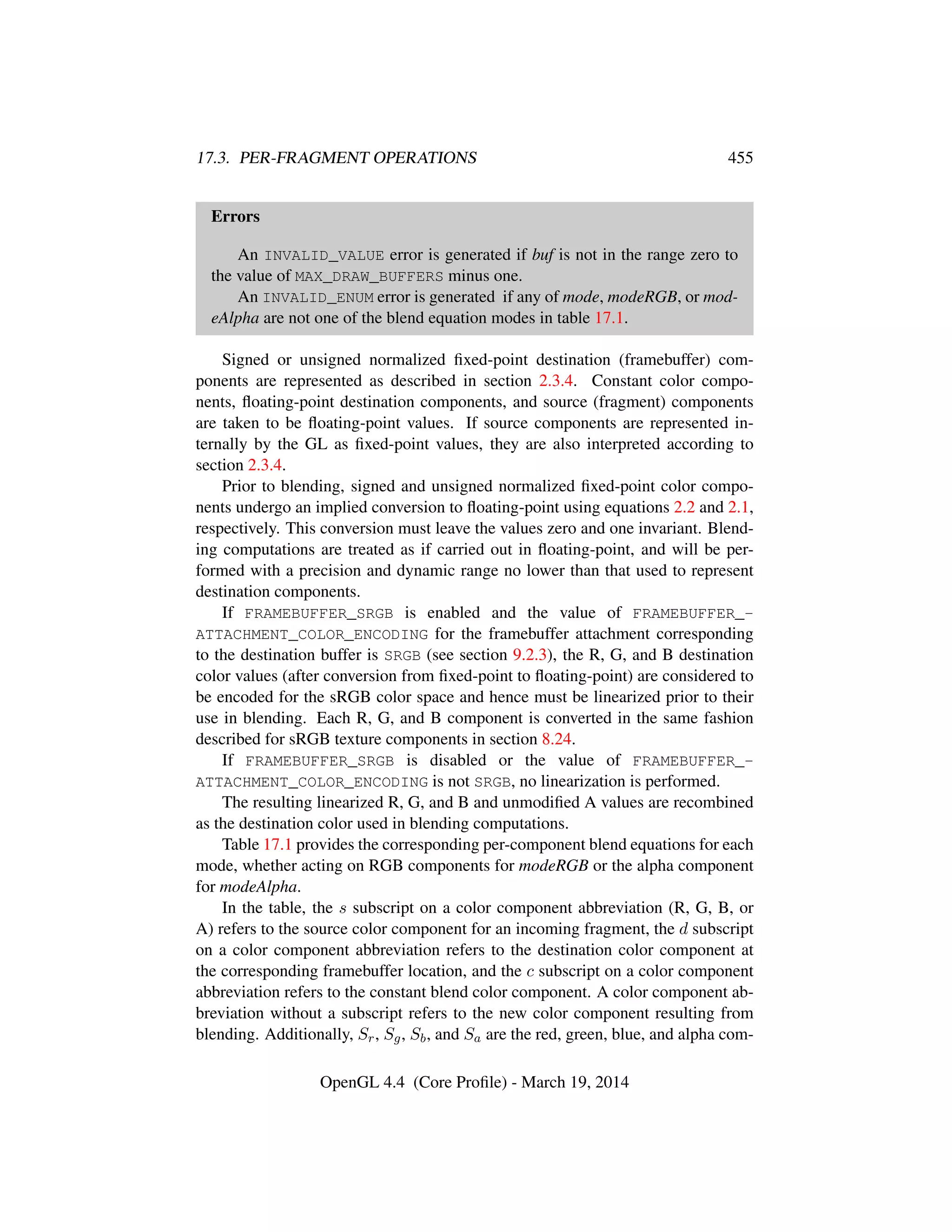17.3. PER-FRAGMENT OPERATIONS 455
Errors
An INVALID_VALUE error is generated if buf is not in the range zero to
the value of MAX_DRAW_BUFFERS minus one.
An INVALID_ENUM error is generated if any of mode, modeRGB, or mod-
eAlpha are not one of the blend equation modes in table 17.1.
Signed or unsigned normalized ﬁxed-point destination (framebuffer) com-
ponents are represented as described in section 2.3.4. Constant color compo-
nents, ﬂoating-point destination components, and source (fragment) components
are taken to be ﬂoating-point values. If source components are represented in-
ternally by the GL as ﬁxed-point values, they are also interpreted according to
section 2.3.4.
Prior to blending, signed and unsigned normalized ﬁxed-point color compo-
nents undergo an implied conversion to ﬂoating-point using equations 2.2 and 2.1,
respectively. This conversion must leave the values zero and one invariant. Blend-
ing computations are treated as if carried out in ﬂoating-point, and will be per-
formed with a precision and dynamic range no lower than that used to represent
destination components.
If FRAMEBUFFER_SRGB is enabled and the value of FRAMEBUFFER_-
ATTACHMENT_COLOR_ENCODING for the framebuffer attachment corresponding
to the destination buffer is SRGB (see section 9.2.3), the R, G, and B destination
color values (after conversion from ﬁxed-point to ﬂoating-point) are considered to
be encoded for the sRGB color space and hence must be linearized prior to their
use in blending. Each R, G, and B component is converted in the same fashion
described for sRGB texture components in section 8.24.
If FRAMEBUFFER_SRGB is disabled or the value of FRAMEBUFFER_-
ATTACHMENT_COLOR_ENCODING is not SRGB, no linearization is performed.
The resulting linearized R, G, and B and unmodiﬁed A values are recombined
as the destination color used in blending computations.
Table 17.1 provides the corresponding per-component blend equations for each
mode, whether acting on RGB components for modeRGB or the alpha component
for modeAlpha.
In the table, the s subscript on a color component abbreviation (R, G, B, or
A) refers to the source color component for an incoming fragment, the d subscript
on a color component abbreviation refers to the destination color component at
the corresponding framebuffer location, and the c subscript on a color component
abbreviation refers to the constant blend color component. A color component ab-
breviation without a subscript refers to the new color component resulting from
blending. Additionally, Sr, Sg, Sb, and Sa are the red, green, blue, and alpha com-
OpenGL 4.4 (Core Proﬁle) - March 19, 2014
 
