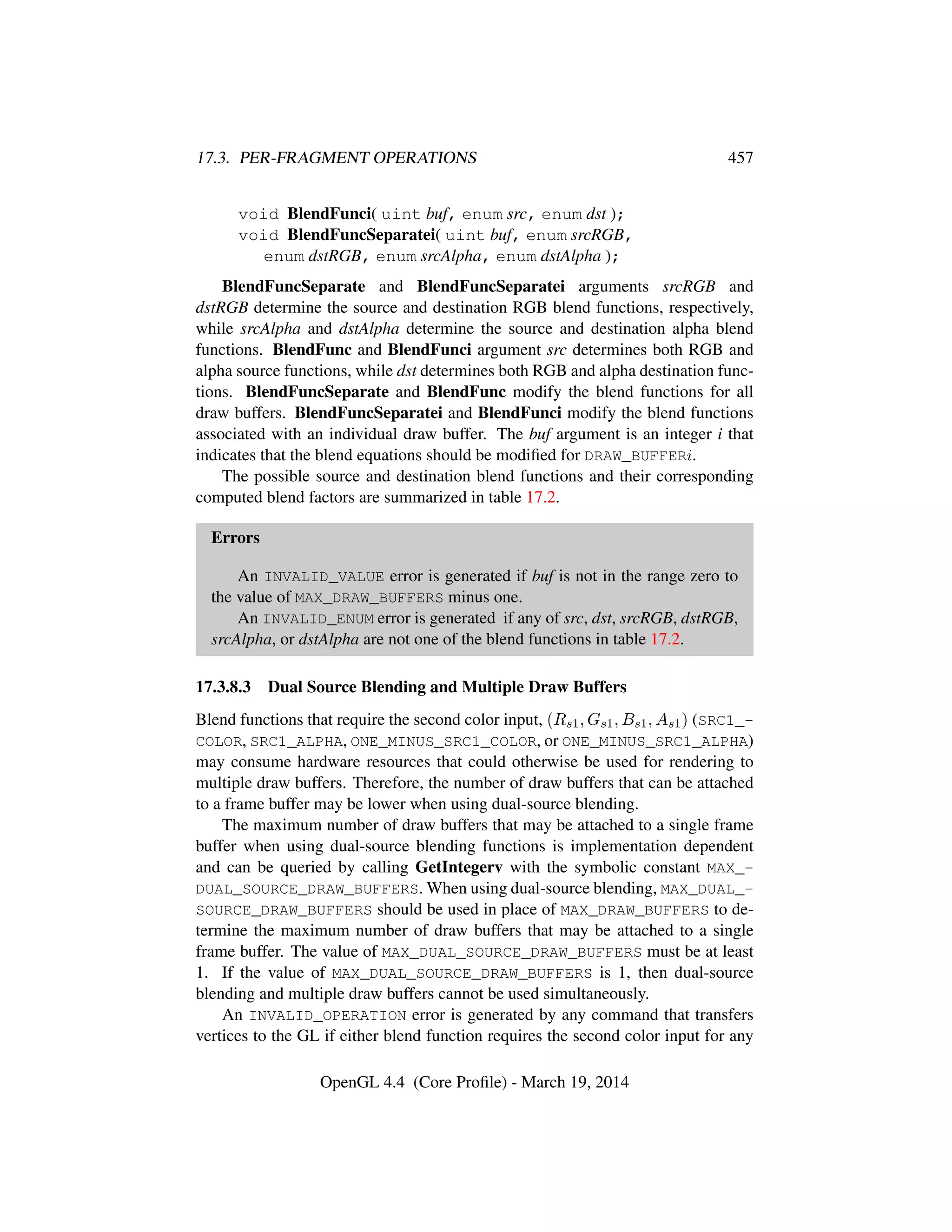 17.3. PER-FRAGMENT OPERATIONS 457
void BlendFunci( uint buf, enum src, enum dst );
void BlendFuncSeparatei( uint buf, enum srcRGB,
enum dstRGB, enum srcAlpha, enum dstAlpha );
BlendFuncSeparate and BlendFuncSeparatei arguments srcRGB and
dstRGB determine the source and destination RGB blend functions, respectively,
while srcAlpha and dstAlpha determine the source and destination alpha blend
functions. BlendFunc and BlendFunci argument src determines both RGB and
alpha source functions, while dst determines both RGB and alpha destination func-
tions. BlendFuncSeparate and BlendFunc modify the blend functions for all
draw buffers. BlendFuncSeparatei and BlendFunci modify the blend functions
associated with an individual draw buffer. The buf argument is an integer i that
indicates that the blend equations should be modiﬁed for DRAW_BUFFERi.
The possible source and destination blend functions and their corresponding
computed blend factors are summarized in table 17.2.
Errors
An INVALID_VALUE error is generated if buf is not in the range zero to
the value of MAX_DRAW_BUFFERS minus one.
An INVALID_ENUM error is generated if any of src, dst, srcRGB, dstRGB,
srcAlpha, or dstAlpha are not one of the blend functions in table 17.2.
17.3.8.3 Dual Source Blending and Multiple Draw Buffers
Blend functions that require the second color input, (Rs1, Gs1, Bs1, As1) (SRC1_-
COLOR, SRC1_ALPHA, ONE_MINUS_SRC1_COLOR, or ONE_MINUS_SRC1_ALPHA)
may consume hardware resources that could otherwise be used for rendering to
multiple draw buffers. Therefore, the number of draw buffers that can be attached
to a frame buffer may be lower when using dual-source blending.
The maximum number of draw buffers that may be attached to a single frame
buffer when using dual-source blending functions is implementation dependent
and can be queried by calling GetIntegerv with the symbolic constant MAX_-
DUAL_SOURCE_DRAW_BUFFERS. When using dual-source blending, MAX_DUAL_-
SOURCE_DRAW_BUFFERS should be used in place of MAX_DRAW_BUFFERS to de-
termine the maximum number of draw buffers that may be attached to a single
frame buffer. The value of MAX_DUAL_SOURCE_DRAW_BUFFERS must be at least
1. If the value of MAX_DUAL_SOURCE_DRAW_BUFFERS is 1, then dual-source
blending and multiple draw buffers cannot be used simultaneously.
An INVALID_OPERATION error is generated by any command that transfers
vertices to the GL if either blend function requires the second color input for any
OpenGL 4.4 (Core Proﬁle) - March 19, 2014
 