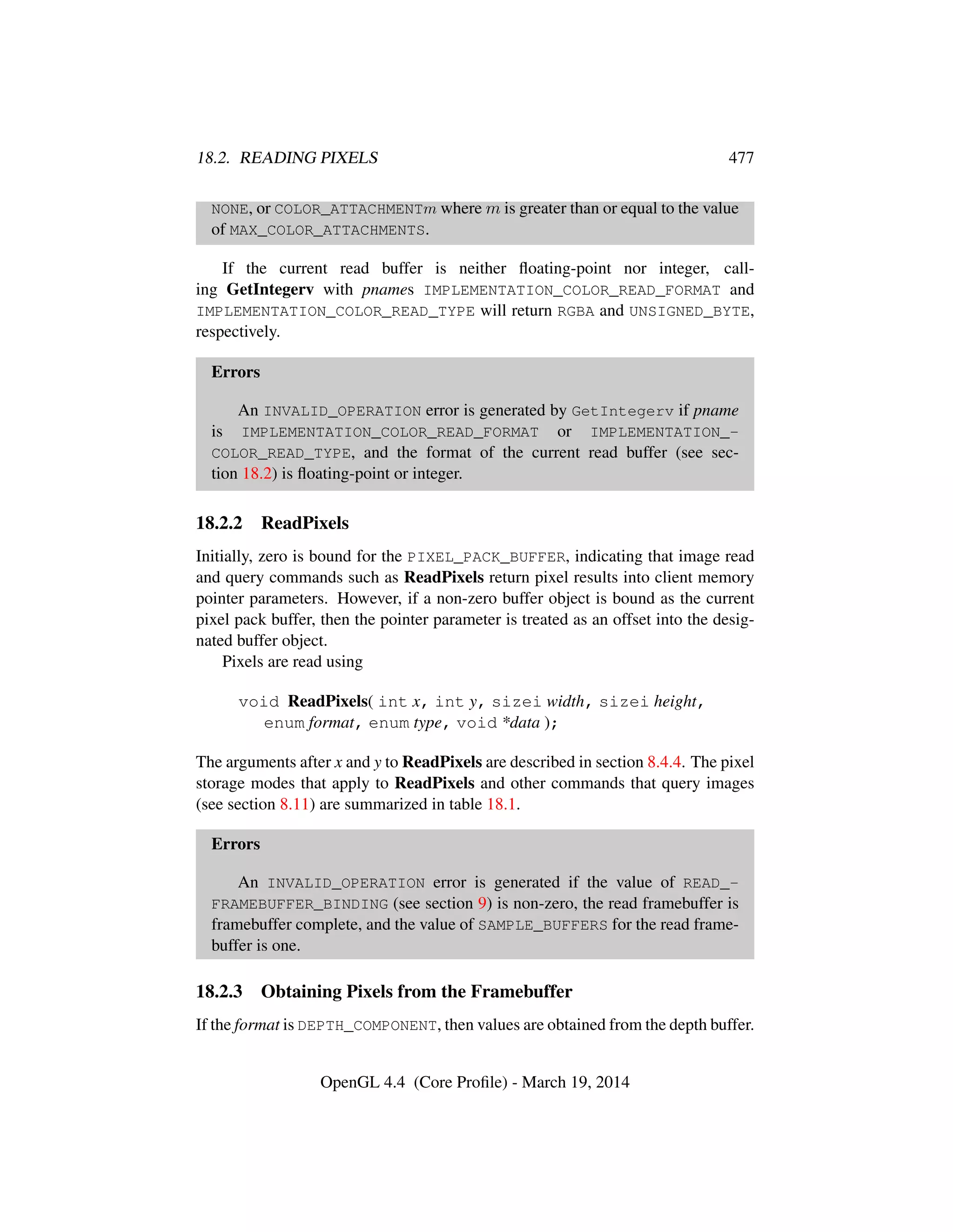 18.2. READING PIXELS 477
NONE, or COLOR_ATTACHMENTm where m is greater than or equal to the value
of MAX_COLOR_ATTACHMENTS.
If the current read buffer is neither ﬂoating-point nor integer, call-
ing GetIntegerv with pnames IMPLEMENTATION_COLOR_READ_FORMAT and
IMPLEMENTATION_COLOR_READ_TYPE will return RGBA and UNSIGNED_BYTE,
respectively.
Errors
An INVALID_OPERATION error is generated by GetIntegerv if pname
is IMPLEMENTATION_COLOR_READ_FORMAT or IMPLEMENTATION_-
COLOR_READ_TYPE, and the format of the current read buffer (see sec-
tion 18.2) is ﬂoating-point or integer.
18.2.2 ReadPixels
Initially, zero is bound for the PIXEL_PACK_BUFFER, indicating that image read
and query commands such as ReadPixels return pixel results into client memory
pointer parameters. However, if a non-zero buffer object is bound as the current
pixel pack buffer, then the pointer parameter is treated as an offset into the desig-
nated buffer object.
Pixels are read using
void ReadPixels( int x, int y, sizei width, sizei height,
enum format, enum type, void *data );
The arguments after x and y to ReadPixels are described in section 8.4.4. The pixel
storage modes that apply to ReadPixels and other commands that query images
(see section 8.11) are summarized in table 18.1.
Errors
An INVALID_OPERATION error is generated if the value of READ_-
FRAMEBUFFER_BINDING (see section 9) is non-zero, the read framebuffer is
framebuffer complete, and the value of SAMPLE_BUFFERS for the read frame-
buffer is one.
18.2.3 Obtaining Pixels from the Framebuffer
If the format is DEPTH_COMPONENT, then values are obtained from the depth buffer.
OpenGL 4.4 (Core Proﬁle) - March 19, 2014
 
