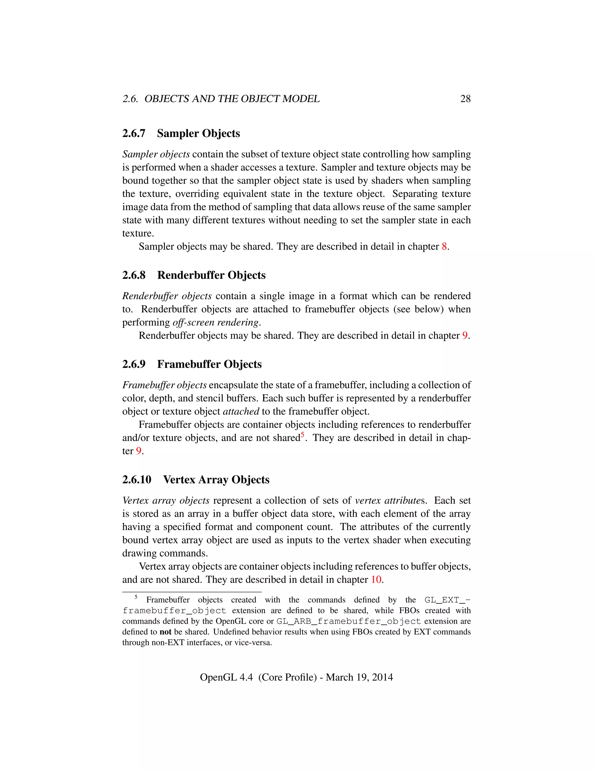 2.6. OBJECTS AND THE OBJECT MODEL 28
2.6.7 Sampler Objects
Sampler objects contain the subset of texture object state controlling how sampling
is performed when a shader accesses a texture. Sampler and texture objects may be
bound together so that the sampler object state is used by shaders when sampling
the texture, overriding equivalent state in the texture object. Separating texture
image data from the method of sampling that data allows reuse of the same sampler
state with many different textures without needing to set the sampler state in each
texture.
Sampler objects may be shared. They are described in detail in chapter 8.
2.6.8 Renderbuffer Objects
Renderbuffer objects contain a single image in a format which can be rendered
to. Renderbuffer objects are attached to framebuffer objects (see below) when
performing off-screen rendering.
Renderbuffer objects may be shared. They are described in detail in chapter 9.
2.6.9 Framebuffer Objects
Framebuffer objects encapsulate the state of a framebuffer, including a collection of
color, depth, and stencil buffers. Each such buffer is represented by a renderbuffer
object or texture object attached to the framebuffer object.
Framebuffer objects are container objects including references to renderbuffer
and/or texture objects, and are not shared5. They are described in detail in chap-
ter 9.
2.6.10 Vertex Array Objects
Vertex array objects represent a collection of sets of vertex attributes. Each set
is stored as an array in a buffer object data store, with each element of the array
having a speciﬁed format and component count. The attributes of the currently
bound vertex array object are used as inputs to the vertex shader when executing
drawing commands.
Vertex array objects are container objects including references to buffer objects,
and are not shared. They are described in detail in chapter 10.
5
Framebuffer objects created with the commands deﬁned by the GL_EXT_-
framebuffer_object extension are deﬁned to be shared, while FBOs created with
commands deﬁned by the OpenGL core or GL_ARB_framebuffer_object extension are
deﬁned to not be shared. Undeﬁned behavior results when using FBOs created by EXT commands
through non-EXT interfaces, or vice-versa.
OpenGL 4.4 (Core Proﬁle) - March 19, 2014
 