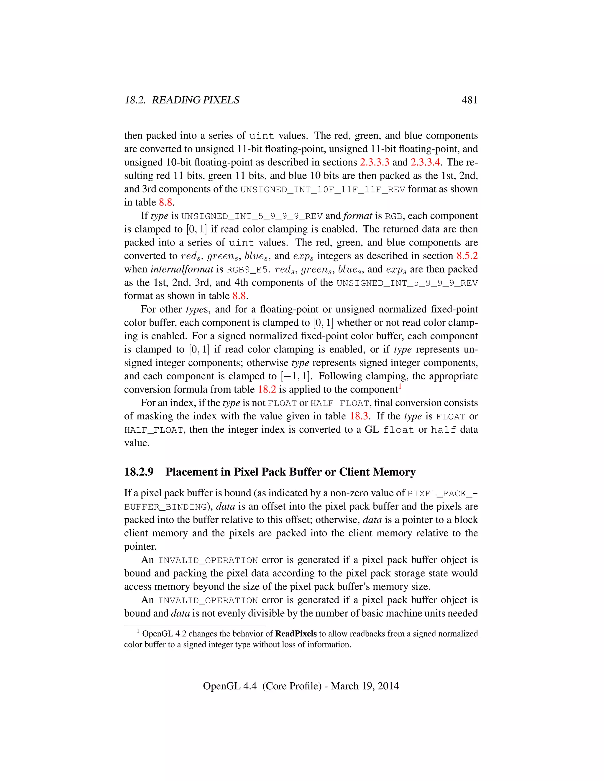 18.2. READING PIXELS 481
then packed into a series of uint values. The red, green, and blue components
are converted to unsigned 11-bit ﬂoating-point, unsigned 11-bit ﬂoating-point, and
unsigned 10-bit ﬂoating-point as described in sections 2.3.3.3 and 2.3.3.4. The re-
sulting red 11 bits, green 11 bits, and blue 10 bits are then packed as the 1st, 2nd,
and 3rd components of the UNSIGNED_INT_10F_11F_11F_REV format as shown
in table 8.8.
If type is UNSIGNED_INT_5_9_9_9_REV and format is RGB, each component
is clamped to [0, 1] if read color clamping is enabled. The returned data are then
packed into a series of uint values. The red, green, and blue components are
converted to reds, greens, blues, and exps integers as described in section 8.5.2
when internalformat is RGB9_E5. reds, greens, blues, and exps are then packed
as the 1st, 2nd, 3rd, and 4th components of the UNSIGNED_INT_5_9_9_9_REV
format as shown in table 8.8.
For other types, and for a ﬂoating-point or unsigned normalized ﬁxed-point
color buffer, each component is clamped to [0, 1] whether or not read color clamp-
ing is enabled. For a signed normalized ﬁxed-point color buffer, each component
is clamped to [0, 1] if read color clamping is enabled, or if type represents un-
signed integer components; otherwise type represents signed integer components,
and each component is clamped to [−1, 1]. Following clamping, the appropriate
conversion formula from table 18.2 is applied to the component1
For an index, if the type is not FLOAT or HALF_FLOAT, ﬁnal conversion consists
of masking the index with the value given in table 18.3. If the type is FLOAT or
HALF_FLOAT, then the integer index is converted to a GL float or half data
value.
18.2.9 Placement in Pixel Pack Buffer or Client Memory
If a pixel pack buffer is bound (as indicated by a non-zero value of PIXEL_PACK_-
BUFFER_BINDING), data is an offset into the pixel pack buffer and the pixels are
packed into the buffer relative to this offset; otherwise, data is a pointer to a block
client memory and the pixels are packed into the client memory relative to the
pointer.
An INVALID_OPERATION error is generated if a pixel pack buffer object is
bound and packing the pixel data according to the pixel pack storage state would
access memory beyond the size of the pixel pack buffer’s memory size.
An INVALID_OPERATION error is generated if a pixel pack buffer object is
bound and data is not evenly divisible by the number of basic machine units needed
1
OpenGL 4.2 changes the behavior of ReadPixels to allow readbacks from a signed normalized
color buffer to a signed integer type without loss of information.
OpenGL 4.4 (Core Proﬁle) - March 19, 2014
 