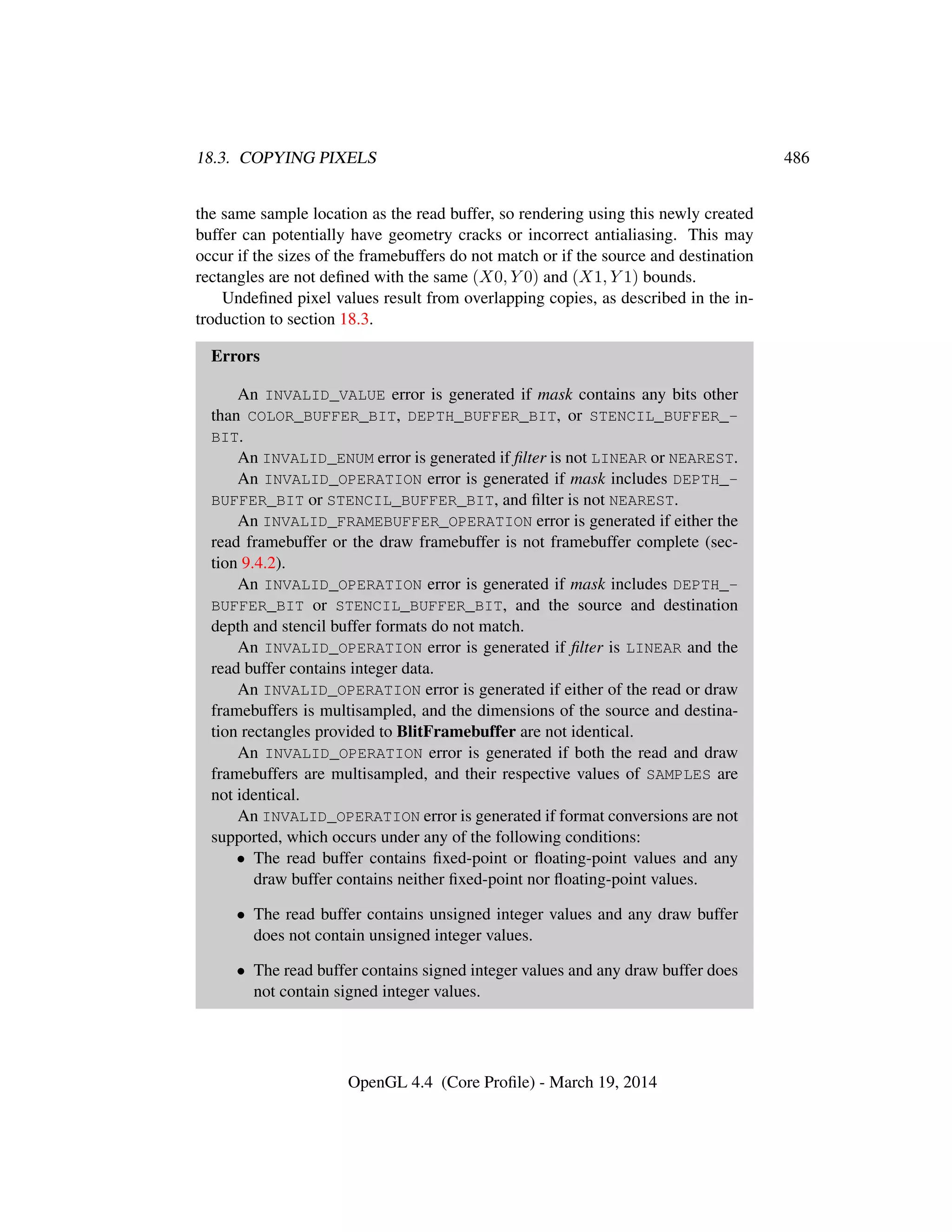 18.3. COPYING PIXELS 486
the same sample location as the read buffer, so rendering using this newly created
buffer can potentially have geometry cracks or incorrect antialiasing. This may
occur if the sizes of the framebuffers do not match or if the source and destination
rectangles are not deﬁned with the same (X0, Y 0) and (X1, Y 1) bounds.
Undeﬁned pixel values result from overlapping copies, as described in the in-
troduction to section 18.3.
Errors
An INVALID_VALUE error is generated if mask contains any bits other
than COLOR_BUFFER_BIT, DEPTH_BUFFER_BIT, or STENCIL_BUFFER_-
BIT.
An INVALID_ENUM error is generated if ﬁlter is not LINEAR or NEAREST.
An INVALID_OPERATION error is generated if mask includes DEPTH_-
BUFFER_BIT or STENCIL_BUFFER_BIT, and ﬁlter is not NEAREST.
An INVALID_FRAMEBUFFER_OPERATION error is generated if either the
read framebuffer or the draw framebuffer is not framebuffer complete (sec-
tion 9.4.2).
An INVALID_OPERATION error is generated if mask includes DEPTH_-
BUFFER_BIT or STENCIL_BUFFER_BIT, and the source and destination
depth and stencil buffer formats do not match.
An INVALID_OPERATION error is generated if ﬁlter is LINEAR and the
read buffer contains integer data.
An INVALID_OPERATION error is generated if either of the read or draw
framebuffers is multisampled, and the dimensions of the source and destina-
tion rectangles provided to BlitFramebuffer are not identical.
An INVALID_OPERATION error is generated if both the read and draw
framebuffers are multisampled, and their respective values of SAMPLES are
not identical.
An INVALID_OPERATION error is generated if format conversions are not
supported, which occurs under any of the following conditions:
• The read buffer contains ﬁxed-point or ﬂoating-point values and any
draw buffer contains neither ﬁxed-point nor ﬂoating-point values.
• The read buffer contains unsigned integer values and any draw buffer
does not contain unsigned integer values.
• The read buffer contains signed integer values and any draw buffer does
not contain signed integer values.
OpenGL 4.4 (Core Proﬁle) - March 19, 2014
 
