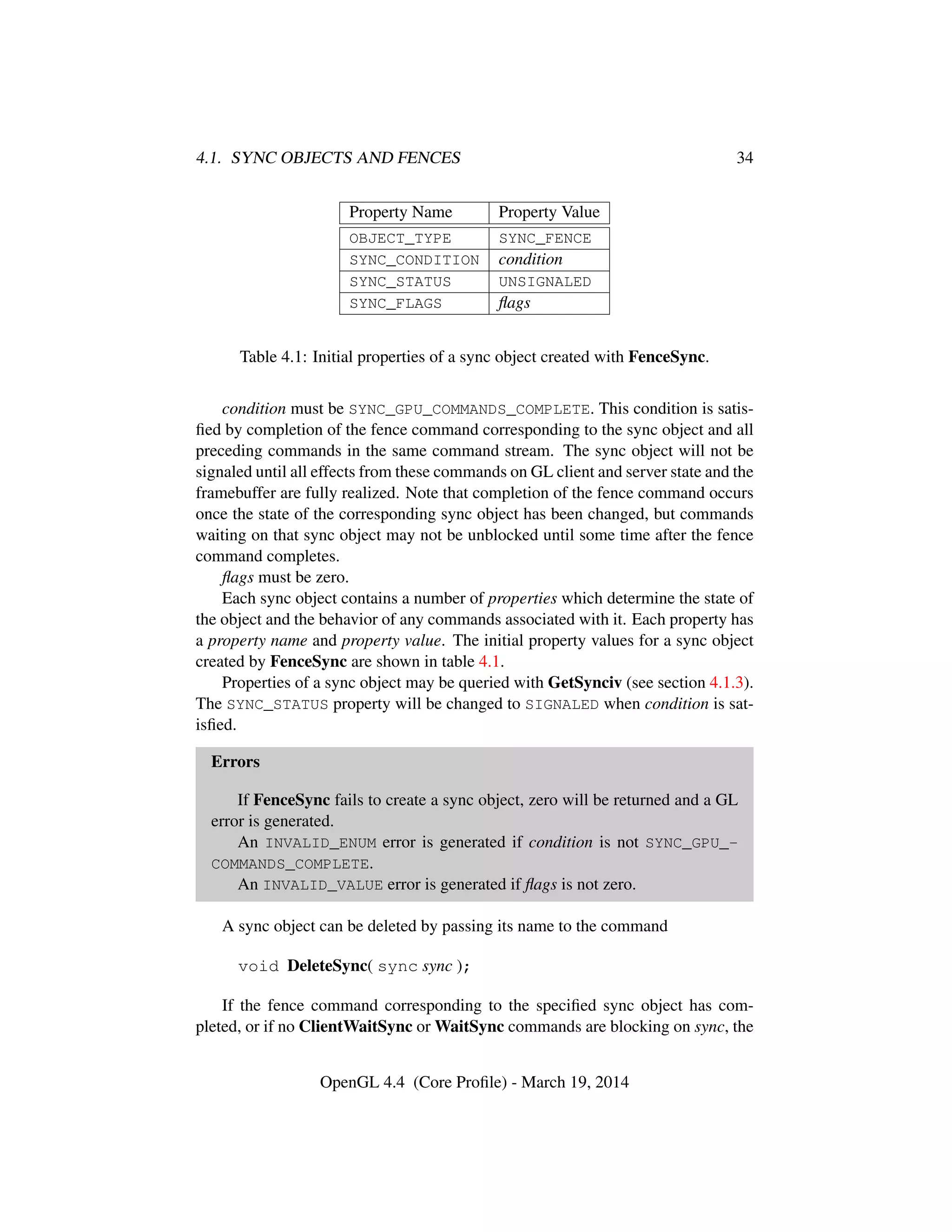 4.1. SYNC OBJECTS AND FENCES 34
Property Name Property Value
OBJECT_TYPE SYNC_FENCE
SYNC_CONDITION condition
SYNC_STATUS UNSIGNALED
SYNC_FLAGS ﬂags
Table 4.1: Initial properties of a sync object created with FenceSync.
condition must be SYNC_GPU_COMMANDS_COMPLETE. This condition is satis-
ﬁed by completion of the fence command corresponding to the sync object and all
preceding commands in the same command stream. The sync object will not be
signaled until all effects from these commands on GL client and server state and the
framebuffer are fully realized. Note that completion of the fence command occurs
once the state of the corresponding sync object has been changed, but commands
waiting on that sync object may not be unblocked until some time after the fence
command completes.
ﬂags must be zero.
Each sync object contains a number of properties which determine the state of
the object and the behavior of any commands associated with it. Each property has
a property name and property value. The initial property values for a sync object
created by FenceSync are shown in table 4.1.
Properties of a sync object may be queried with GetSynciv (see section 4.1.3).
The SYNC_STATUS property will be changed to SIGNALED when condition is sat-
isﬁed.
Errors
If FenceSync fails to create a sync object, zero will be returned and a GL
error is generated.
An INVALID_ENUM error is generated if condition is not SYNC_GPU_-
COMMANDS_COMPLETE.
An INVALID_VALUE error is generated if ﬂags is not zero.
A sync object can be deleted by passing its name to the command
void DeleteSync( sync sync );
If the fence command corresponding to the speciﬁed sync object has com-
pleted, or if no ClientWaitSync or WaitSync commands are blocking on sync, the
OpenGL 4.4 (Core Proﬁle) - March 19, 2014
 