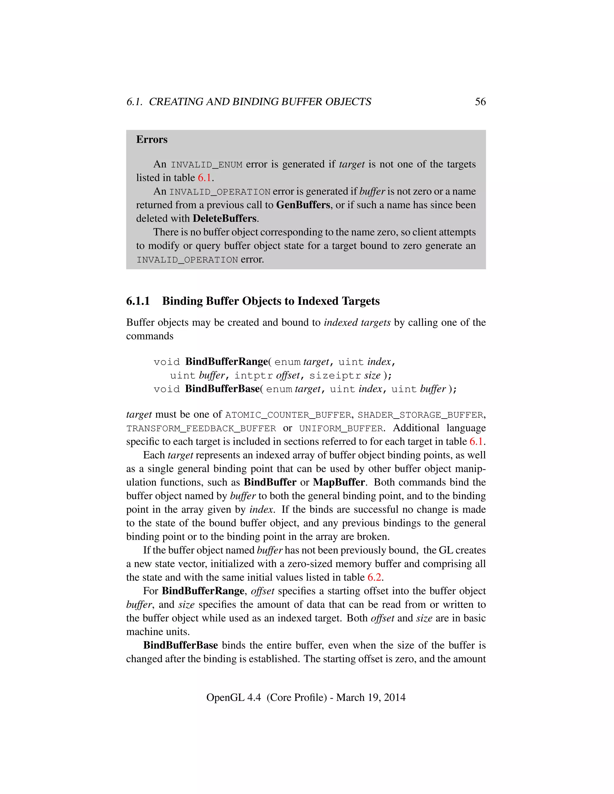 6.1. CREATING AND BINDING BUFFER OBJECTS 56
Errors
An INVALID_ENUM error is generated if target is not one of the targets
listed in table 6.1.
An INVALID_OPERATION error is generated if buffer is not zero or a name
returned from a previous call to GenBuffers, or if such a name has since been
deleted with DeleteBuffers.
There is no buffer object corresponding to the name zero, so client attempts
to modify or query buffer object state for a target bound to zero generate an
INVALID_OPERATION error.
6.1.1 Binding Buffer Objects to Indexed Targets
Buffer objects may be created and bound to indexed targets by calling one of the
commands
void BindBufferRange( enum target, uint index,
uint buffer, intptr offset, sizeiptr size );
void BindBufferBase( enum target, uint index, uint buffer );
target must be one of ATOMIC_COUNTER_BUFFER, SHADER_STORAGE_BUFFER,
TRANSFORM_FEEDBACK_BUFFER or UNIFORM_BUFFER. Additional language
speciﬁc to each target is included in sections referred to for each target in table 6.1.
Each target represents an indexed array of buffer object binding points, as well
as a single general binding point that can be used by other buffer object manip-
ulation functions, such as BindBuffer or MapBuffer. Both commands bind the
buffer object named by buffer to both the general binding point, and to the binding
point in the array given by index. If the binds are successful no change is made
to the state of the bound buffer object, and any previous bindings to the general
binding point or to the binding point in the array are broken.
If the buffer object named buffer has not been previously bound, the GL creates
a new state vector, initialized with a zero-sized memory buffer and comprising all
the state and with the same initial values listed in table 6.2.
For BindBufferRange, offset speciﬁes a starting offset into the buffer object
buffer, and size speciﬁes the amount of data that can be read from or written to
the buffer object while used as an indexed target. Both offset and size are in basic
machine units.
BindBufferBase binds the entire buffer, even when the size of the buffer is
changed after the binding is established. The starting offset is zero, and the amount
OpenGL 4.4 (Core Proﬁle) - March 19, 2014
 