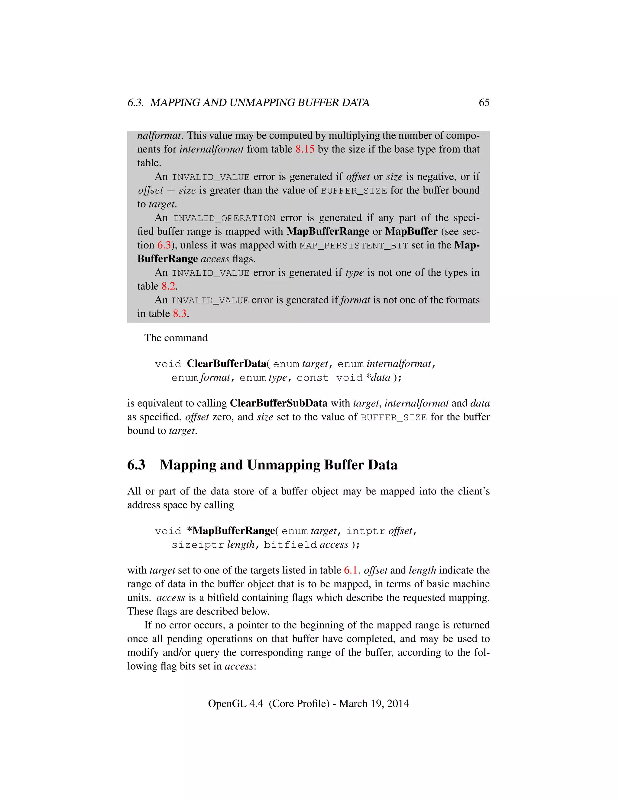 6.3. MAPPING AND UNMAPPING BUFFER DATA 65
nalformat. This value may be computed by multiplying the number of compo-
nents for internalformat from table 8.15 by the size if the base type from that
table.
An INVALID_VALUE error is generated if offset or size is negative, or if
oﬀset + size is greater than the value of BUFFER_SIZE for the buffer bound
to target.
An INVALID_OPERATION error is generated if any part of the speci-
ﬁed buffer range is mapped with MapBufferRange or MapBuffer (see sec-
tion 6.3), unless it was mapped with MAP_PERSISTENT_BIT set in the Map-
BufferRange access ﬂags.
An INVALID_VALUE error is generated if type is not one of the types in
table 8.2.
An INVALID_VALUE error is generated if format is not one of the formats
in table 8.3.
The command
void ClearBufferData( enum target, enum internalformat,
enum format, enum type, const void *data );
is equivalent to calling ClearBufferSubData with target, internalformat and data
as speciﬁed, offset zero, and size set to the value of BUFFER_SIZE for the buffer
bound to target.
6.3 Mapping and Unmapping Buffer Data
All or part of the data store of a buffer object may be mapped into the client’s
address space by calling
void *MapBufferRange( enum target, intptr offset,
sizeiptr length, bitfield access );
with target set to one of the targets listed in table 6.1. offset and length indicate the
range of data in the buffer object that is to be mapped, in terms of basic machine
units. access is a bitﬁeld containing ﬂags which describe the requested mapping.
These ﬂags are described below.
If no error occurs, a pointer to the beginning of the mapped range is returned
once all pending operations on that buffer have completed, and may be used to
modify and/or query the corresponding range of the buffer, according to the fol-
lowing ﬂag bits set in access:
OpenGL 4.4 (Core Proﬁle) - March 19, 2014
 