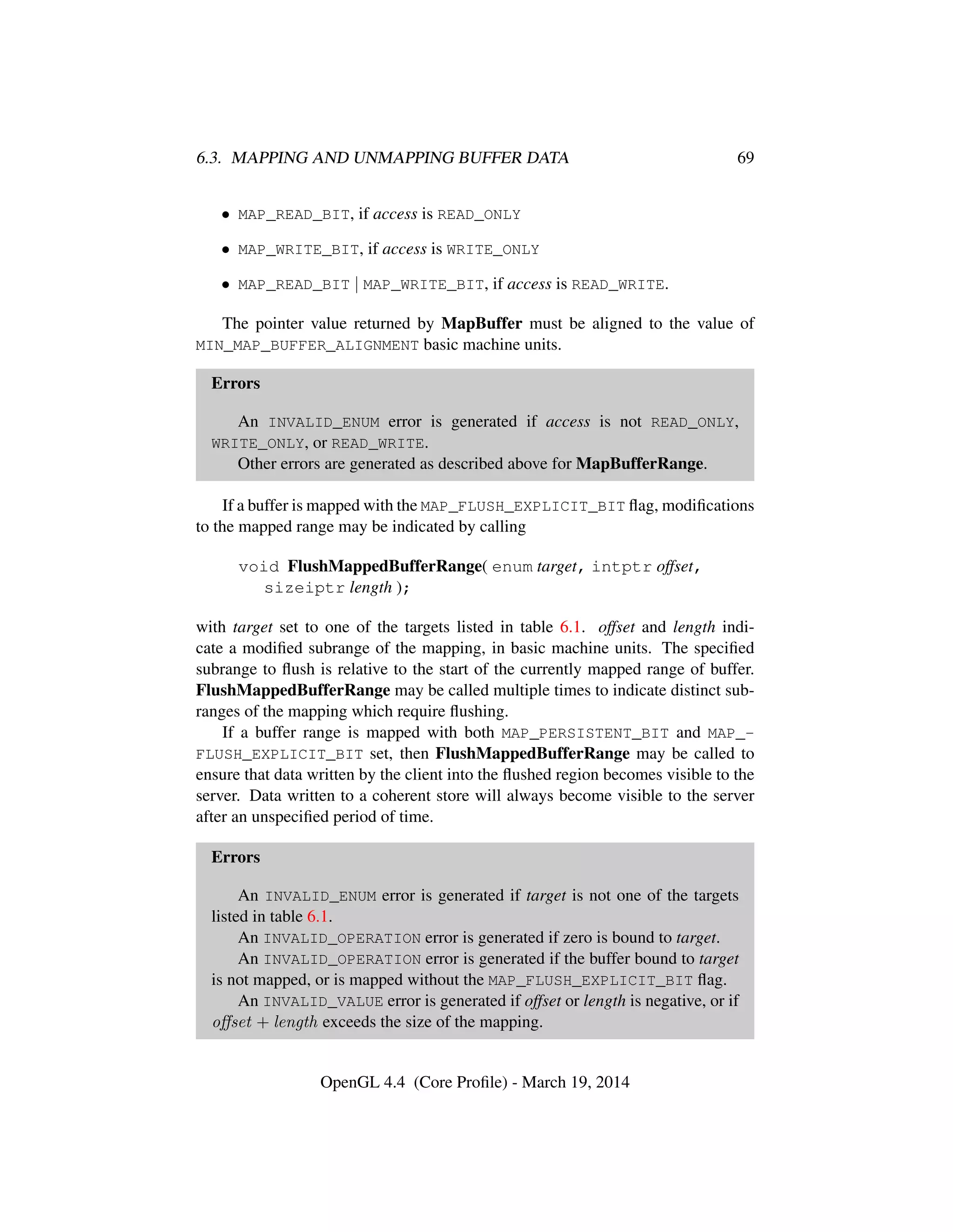 6.3. MAPPING AND UNMAPPING BUFFER DATA 69
• MAP_READ_BIT, if access is READ_ONLY
• MAP_WRITE_BIT, if access is WRITE_ONLY
• MAP_READ_BIT | MAP_WRITE_BIT, if access is READ_WRITE.
The pointer value returned by MapBuffer must be aligned to the value of
MIN_MAP_BUFFER_ALIGNMENT basic machine units.
Errors
An INVALID_ENUM error is generated if access is not READ_ONLY,
WRITE_ONLY, or READ_WRITE.
Other errors are generated as described above for MapBufferRange.
If a buffer is mapped with the MAP_FLUSH_EXPLICIT_BIT ﬂag, modiﬁcations
to the mapped range may be indicated by calling
void FlushMappedBufferRange( enum target, intptr offset,
sizeiptr length );
with target set to one of the targets listed in table 6.1. offset and length indi-
cate a modiﬁed subrange of the mapping, in basic machine units. The speciﬁed
subrange to ﬂush is relative to the start of the currently mapped range of buffer.
FlushMappedBufferRange may be called multiple times to indicate distinct sub-
ranges of the mapping which require ﬂushing.
If a buffer range is mapped with both MAP_PERSISTENT_BIT and MAP_-
FLUSH_EXPLICIT_BIT set, then FlushMappedBufferRange may be called to
ensure that data written by the client into the ﬂushed region becomes visible to the
server. Data written to a coherent store will always become visible to the server
after an unspeciﬁed period of time.
Errors
An INVALID_ENUM error is generated if target is not one of the targets
listed in table 6.1.
An INVALID_OPERATION error is generated if zero is bound to target.
An INVALID_OPERATION error is generated if the buffer bound to target
is not mapped, or is mapped without the MAP_FLUSH_EXPLICIT_BIT ﬂag.
An INVALID_VALUE error is generated if offset or length is negative, or if
oﬀset + length exceeds the size of the mapping.
OpenGL 4.4 (Core Proﬁle) - March 19, 2014
 