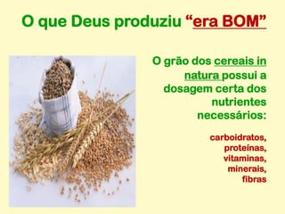 O que Deus produziu “era BOM”
O grão dos cereais in
natura possui a
dosagem certa dos
nutrientes
necessários:
carboidratos,
proteínas,
vitaminas,
minerais,
fibras
 