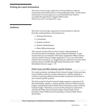 1 – 3Introduction
Oracle Proprietary, Confidential Information––Use Restricted by Contract
Finding the Latest Information
The Oracle General Ledger Applications Technical Reference Manual
contains the latest information as of the publication date. For the latest
information we encourage you to use OracleMetaLink which is
accessible through Oracle’s Support Web Center
(http://www.oracle.com/support/elec_sup).
Audience
The Oracle General Ledger Applications Technical Reference Manual
provides useful guidance and assistance to:
• Technical End Users
• Consultants
• Systems Analysts
• System Administrators
• Other MIS professionals
This manual assumes that you have a basic understanding of
structured analysis and design, and of relational databases. It also
assumes that you are familiar with Oracle Application Object Library
and your Oracle General Ledger application. If you are not familiar
with the above products, we suggest that you attend one or more of the
training classes available through Oracle Education (see: Other
Information Sources: page 1 – 9).
Public Sector and Other Industry–specific Products
For certain products, including Oracle General Ledger, Oracle provides
several distinct software versions tailored for a specific industry or
vertical, containing additional functionality not present in the base or
non–vertical–specific product.
The data model for Oracle General Ledger supports a superset of all
the functionality used by a vertical–specific version of Oracle General
Ledger, including the Oracle Public Sector Financials version of Oracle
General Ledger. Therefore, you can use this manual in conjunction
with Oracle Public Sector General Ledger, Oracle Public Sector
Payables, Oracle Public Sector Purchasing, or Oracle Public Sector
Receivables.
 
