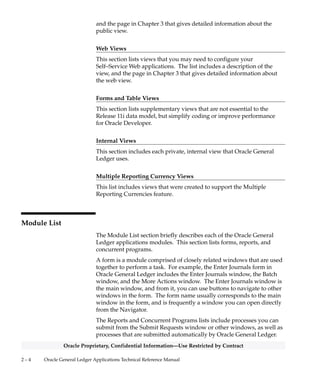 2 – 3High–Level Design
Oracle Proprietary, Confidential Information––Use Restricted by Contract
sections of Chapter 3 for more detailed information about each of those
tables.
Table Lists
The Table List sections list the Oracle General Ledger applications
tables. Because a product might not include at least one table for each
type, this Technical Reference Manual might not include each of the
following sections.
Public Tables
Use the Public Table List section to quickly identify the tables you are
most interested in. Then, you can refer to the Table and View
Definitions sections of Chapter 3 for more detailed information about
those tables.
In addition, this manual may contain full documentation for one or
more of the following Application Object Library tables: FND_DUAL,
FND_CURRENCIES, and FND_COMMON_LOOKUPS.
Internal Tables
This section includes a list of private, internal tables used by Oracle
General Ledger; we do not provide additional documentation for these
tables.
View Lists
The View List sections list the Oracle General Ledger views, with one
section for each type of view. Because a product might not include at
least one view for each type, this Technical Reference Manual might not
include each of the following sections.
Use this section to quickly identify the views you are most interested
in. Then, you can refer to the Table and View Definitions sections of
Chapter 3 for more detailed information about those views.
Public Views
This section lists views that may be useful for your custom reporting or
other data requirements. The list includes a description of the view,
 
