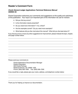 Index – 7
RG_REPORT_SUB_REQUEST_RUNS, 3 –
484
RG_REPORTS, 3 – 438
RG_REPORTS_V, 2 – 41
RG_ROW_ORDERS, 3 – 485
RG_ROW_SEGMENT_SEQUENCES, 3 – 487
RG_ROW_SEGMENT_SEQUENCES_V, 2 –
42
RG_SIMPLE_WHERE_CLAUSES, 3 – 489
RG_SRS_DSS_BUD_ENC_V, 2 – 43
RG_SRS_DSS_DOP_V, 2 – 43
RG_SRS_DSS_HIERARCHIES_V, 2 – 43
RG_SRS_DSS_TEMPLATE_V, 2 – 43
RG_TABLE_SIZES, 3 – 490
Tables
See also Table and View Definitions
Column descriptions, 3 – 4
Foreign keys, 3 – 3
Indexes. See Indexes
Primary Keys, 3 – 4
QuickCodes Columns, 3 – 3
Who columns, 3 – 4, 3 – 5
V
View Definitions. See Table and View
Definitions
Views
See also Table and View Definitions; View
List
Derivation, 3 – 7
 