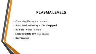 PLASMA LEVELS
 Circulating Glucagon – Unbound.
 Basal level in Fasting – 100-150 pg/ml.
 Half life – 6 min (5-9 min)
 Secretion Rate 100 -150 μg/day.
 Degradation – in liver & kidney
 