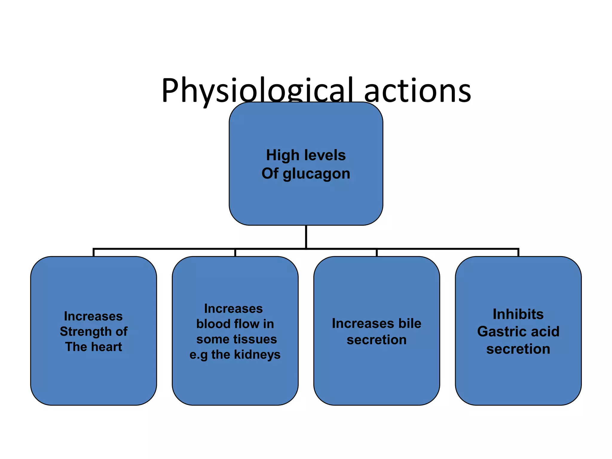 Physiological actions
                          High levels
                          Of glucagon




                  Increases                          Inhibits
 Increases
                blood flow in     Increases bile
Strength of
                some tissues
                                                   Gastric acid
                                    secretion
 The heart                                          secretion
               e.g the kidneys
 