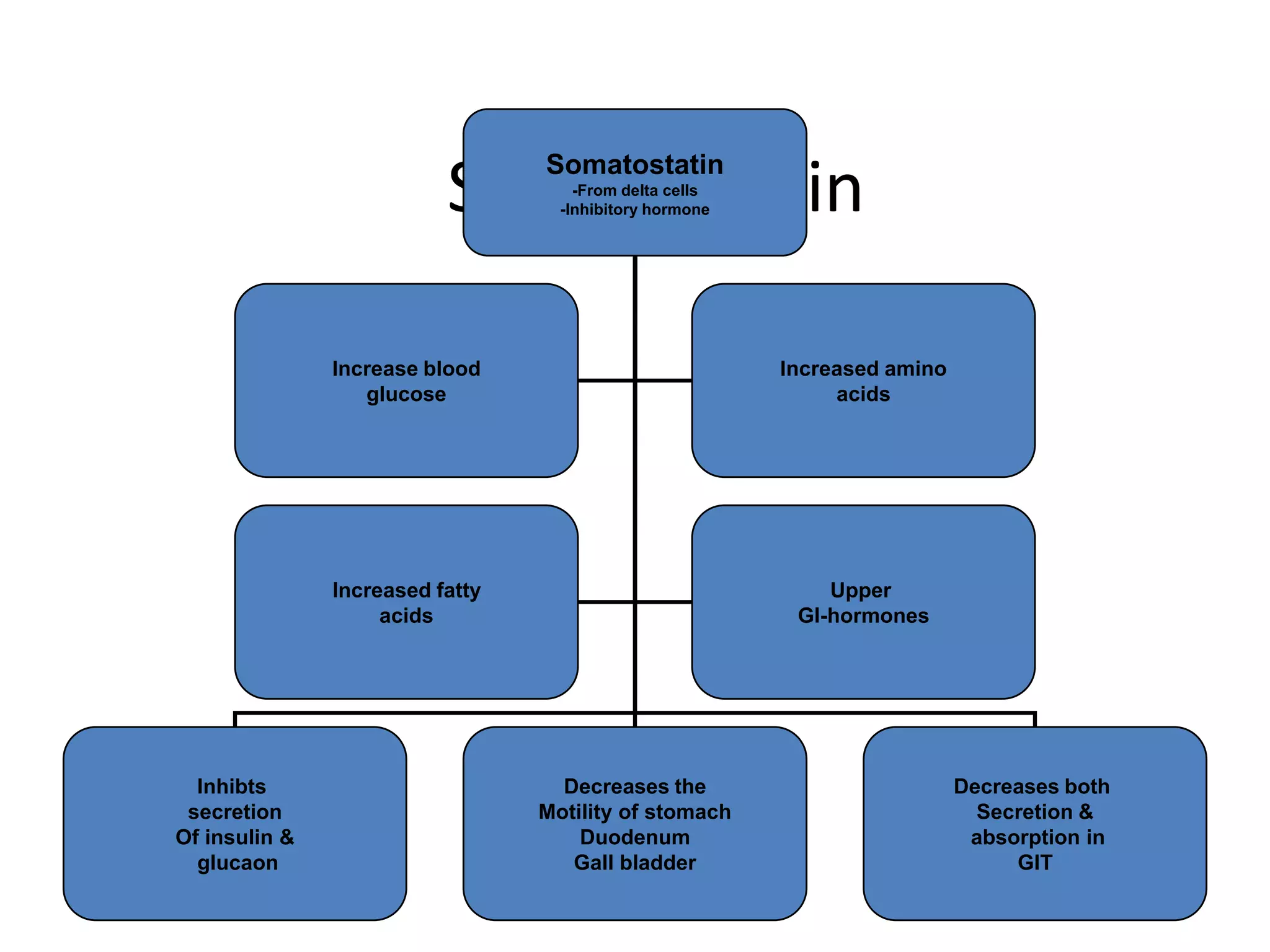 Somatostatin
                                 Somatostatin
                                     -From delta cells
                                   -Inhibitory hormone




               Increase blood                            Increased amino
                  glucose                                     acids




               Increased fatty                               Upper
                    acids                                 GI-hormones




  Inhibts                          Decreases the                           Decreases both
 secretion                       Motility of stomach                         Secretion &
Of insulin &                         Duodenum                               absorption in
  glucaon                           Gall bladder                                GIT
 