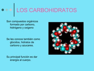 LOS CARBOHIDRATOS
Son compuestos orgánicos
formado por carbono,
hidrógeno y oxigeno

Se les conoce también como
glúcidos, hidratos de
carbono y azucares.

Su principal función es dar
energía al cuerpo.

 