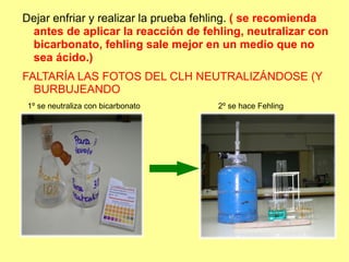 Dejar enfriar y realizar la prueba fehling. ( se recomienda
 antes de aplicar la reacción de fehling, neutralizar con
 bicarbonato, fehling sale mejor en un medio que no
 sea ácido.)
FALTARÍA LAS FOTOS DEL CLH NEUTRALIZÁNDOSE (Y
  BURBUJEANDO
 1º se neutraliza con bicarbonato    2º se hace Fehling
 