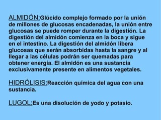 ALMIDÓN:Glúcido complejo formado por la unión
de millones de glucosas encadenadas, la unión entre
glucosas se puede romper durante la digestión. La
digestión del almidón comienza en la boca y sigue
en el intestino. La digestión del almidón libera
glucosas que serán absorbidas hasta la sangre y al
llegar a las células podrán ser quemadas para
obtener energía. El almidón es una sustancia
exclusivamente presente en alimentos vegetales.

HIDRÓLISIS:Reacción química del agua con una
sustancia.

LUGOL:Es una disolución de yodo y potasio.
 