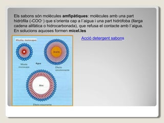 Els sabons són molècules amfipàtiques: molècules amb una part
hidròfila (-COO- ) que s’orienta cap a l´aigua i una part hidròfoba (llarga
cadena alifàtica o hidrocarbonada), que refusa el contacte amb l´aigua.
En solucions aquoses formen micel.les
Acció detergent sabons
 
