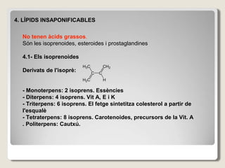 4. LÍPIDS INSAPONIFICABLES
No tenen àcids grassos.
Són les isoprenoides, esteroides i prostaglandines
4.1- Els isoprenoides
Derivats de l'isoprè:
- Monoterpens: 2 isoprens. Essències
- Diterpens: 4 isoprens. Vit A, E i K
- Triterpens: 6 isoprens. El fetge sintetitza colesterol a partir de
l'esqualè
- Tetraterpens: 8 isoprens. Carotenoides, precursors de la Vit. A
. Politerpens: Cautxú.
 