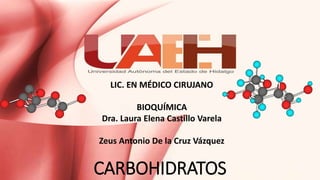 CARBOHIDRATOS
LIC. EN MÉDICO CIRUJANO
BIOQUÍMICA
Dra. Laura Elena Castillo Varela
Zeus Antonio De la Cruz Vázquez
 