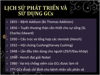  1855 – Bệnh Addison (Bs Thomas Addision)
 1856 – Tuyến thượng thận cần thiết cho sự sống (SL
Charles Edward)
 1930 – Cấu trúc và tổng hợp các steroids (Hench)
 1932 – Hội chứng Cushing(Harvey Cushing)
 1948 – Lần đầu tiên dùng cho người (29/F/Đau khớp)
 1950 - Hench đạt giải Nobel
 1980 - Vai trò chống viêm của GCs được làm rõ
 ???: GCs được chỉ định cho bệnh nhân sốc phản vệ
 