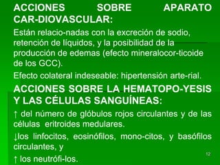 ACCIONES     SOBRE                       APARATO
CAR-DIOVASCULAR:
Están relacio-nadas con la excreción de sodio,
retención de líquidos, y la posibilidad de la
producción de edemas (efecto mineralocor-ticoide
de los GCC).
Efecto colateral indeseable: hipertensión arte-rial.
ACCIONES SOBRE LA HEMATOPO-YESIS
Y LAS CÉLULAS SANGUÍNEAS:
↑ del número de glóbulos rojos circulantes y de las
células eritroides medulares.
↓los linfocitos, eosinófilos, mono-citos, y basófilos
circulantes, y
                                                    12
↑ los neutrófi-los.
 