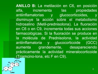 ANILLO B: La metilación en C6, en posición
alfa,     incrementa       las      propiedades
antiinflamatorias    y    glucocorticoides,   y
disminuye la acción sobre el metabolismo
hidrosalino (Metil-prednisolona). La fluoración
en C6 o en C9, incrementa todas sus acciones
farmacológicas. Si la fluoración se produce en
la molécula de Prednisolona, la actividad
antiinflamatoria y glucocorticoide (GCC)
aumenta       grandemente,      desapareciendo
prácticamente la actividad mineralocorticoide
(Triamcino-lona, etc F en C9).


                                            6
 