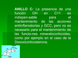 ANILLO C: La presencia de una
función     OH      en    C11    es
indispen-sable         para      el
mantenimiento de las acciones
antiinflamatorias y GCC, pero no es
necesario para el mantenimiento de
las funcio-nes mineralocorticoides,
como por ejemplo en el caso de la
Desoxicorticosterona.


                                      7
 