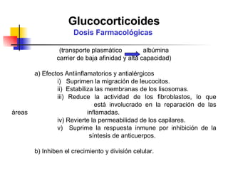 Glucocorticoides Dosis Farmacológicas   (transporte plasmático  albúmina carrier de baja afinidad y alta capacidad) a) Efectos Antiinflamatorios y antialérgicos i)  Suprimen la migración de leucocitos. ii)  Estabiliza las membranas de los lisosomas. iii) Reduce la actividad de los fibroblastos, lo que    está involucrado en la reparación de las áreas    inflamadas. iv) Revierte la permeabilidad de los capilares. v)  Suprime la respuesta inmune por inhibición de la      síntesis de anticuerpos. b) Inhiben el crecimiento y división celular. 