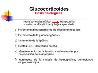 Glucocorticoides Dosis fisiológicas   (transporte plasmático  transcortina carrier de alta afinidad y baja capacidad) a) Incremento almacenamiento de glicógeno hepático b) Incremento de la gluconeogénesis c) Incremento de la lipólisis d) efectos SNC, incluyendo euforia e) Mantenimiento de la función cardiovascular por      potenciación de la adrenalina f) Incremento de la síntesis de hemoglobina, aumnetando    los globulos rojos. 
