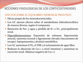 ACCIONES FISIOLOGICAS DE LOS CORTICOSTEROIDES
EFECTOS SOBRE EL EQUILIBRIO HIDROELECTROLITICO
 Efecto propio de los mineralocorticoides.
 Los GC ejercen efectos sobre el metabolismo hidroelectrolítico
de manera diversa, según el compuesto.
 Retención de Na+ y agua y pérdida de K+ e H+, principalmente
renal.
 Hiperaldosteronismo: Expansión de volumen, hipertensión
arterial, natremia normal o ligeramente elevada (mecanismos de
escape), hipopotasemia y alcalosis metabólica.
 Los GC aumentan el FG, el FSR y el aclaramiento de agua libre.
 Reducen la absorción de Ca++ a nivel intestinal y aumentan su
excreción renal. (Balance negativo de Ca++)
 