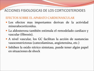 ACCIONES FISIOLOGICAS DE LOS CORTICOSTEROIDES
EFECTOS SOBRE EL APARATO CARDIOVASCULAR
 Los efectos mas importantes derivan de la actividad
mineralocorticoidea.
 La aldosterona también estimula el remodelado cardiaco y
vascular (fibrosis).
 A nivel vascular, los GC facilitan la acción de sustancias
vasoconstrictoras (catecolaminas, angiotensina, etc.)
 Inhiben la oxido nítrico sintetasa, puede tener algún papel
en situaciones de shock
 