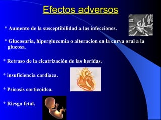 Efectos adversos *  Aumento de la susceptibilidad a las infecciones. *  Glucosuria, hiperglucemia o alteracion en la curva oral a la glucosa . *  Retraso de la cicatrización de las heridas. *  insuficiencia cardiaca. *  Psicosis corticoidea. *  Riesgo fetal.  