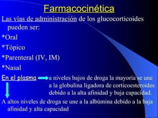 Farmacocinética Las vías de administración  de los glucocorticoides pueden ser: *Oral *Tópico *Parenteral (IV, IM) *Nasal En el plasma   a niveles bajos de droga la mayoría se une  a la globulina ligadora de corticoesteroides  debido a la alta afinidad y baja capacidad. A altos niveles de droga se une a la albúmina debido a la baja afinidad y alta capacidad  
