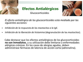 Efectos Antialérgicos
                             Glucocorticoides

    El efecto antialérgico de los glucocorticoides esta mediado por las
    siguientes acciones:
   Inhibición de la respuesta de los mastocitos a la IgE.
   Inhibición de la liberación de histamina (degranulación de los mastocitos).


    Cabe destacar que los efectos antialérgicos de los glucocorticoides
    no son inmediatos, y su utilización debe limitarse a enfermedades
    alérgicas crónicas. En los casos de alergias agudas, deben
    administrase fármacos de latencia de acción corta (adrenalina).
 