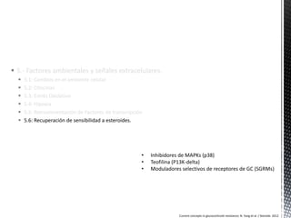  5.- Factores ambientales y señales extracelulares.
     5.1: Cambios en el ambiente celular
     5.2: Citocinas
     5.3: Estrés Oxidativo
     5.4: Hipoxia
     5.5: Retroalimentación de Factores de transcripción
     5.6: Recuperación de sensibilidad a esteroides.




                                                        •   Inhibidores de MAPKs (p38)
                                                        •   Teofilina (P13K-delta)
                                                        •   Moduladores selectivos de receptores de GC (SGRMs)




                                                                       Current concepts in glucocorticoid resistance; N. Yang et al. / Steroids 2012
 