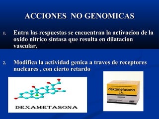 ACCIONES NO GENOMICASACCIONES NO GENOMICAS
1.1. Entra las respuestas se encuentran la activacion de laEntra las respuestas se encuentran la activacion de la
oxido nitrico sintasa que resulta en dilatacionoxido nitrico sintasa que resulta en dilatacion
vascular.vascular.
2.2. Modifica la actividad genica a traves de receptoresModifica la actividad genica a traves de receptores
nucleares , con cierto retardonucleares , con cierto retardo
 