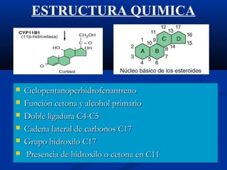 ESTRUCTURA QUIMICA
 CiclopentanoperhidrofenantrenoCiclopentanoperhidrofenantreno
 Función cetona y alcohol primarioFunción cetona y alcohol primario
 Doble ligadura C4-C5Doble ligadura C4-C5
 Cadena lateral de carbonos C17Cadena lateral de carbonos C17
 Grupo hidroxilo C17Grupo hidroxilo C17
 Presencia de hidroxilo o cetona en C11Presencia de hidroxilo o cetona en C11
 