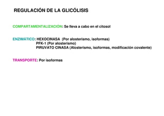 REGULACIÓN DE LA GLICÓLISIS
COMPARTAMENTALIZACIÓN: Se lleva a cabo en el citosol
ENZIMÁTICO: HEXOCINASA (Por alosterismo, isoformas)
PFK-1 (Por alosterismo)
PIRUVATO CINASA (Alosterismo, isoformas, modificación covalente)
TRANSPORTE: Por isoformas
 