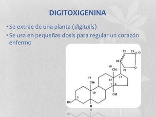 DIGITOXIGENINA
• Se extrae de una planta (digitalis)
• Se usa en pequeñas dosis para regular un corazón
  enfermo
 