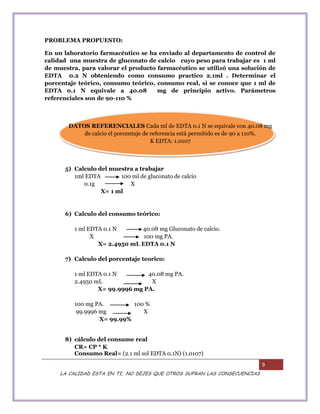 9
LA CALIDAD ESTA EN TI, NO DEJES QUE OTROS SUFRAN LAS CONSECUENCIAS
PROBLEMA PROPUESTO:
En un laboratorio farmacéutico se ha enviado al departamento de control de
calidad una muestra de gluconato de calcio cuyo peso para trabajar es 1 ml
de muestra, para valorar el producto farmacéutico se utilizó una solución de
EDTA 0.2 N obteniendo como consumo practico 2.1ml . Determinar el
porcentaje teórico, consumo teórico, consumo real, si se conoce que 1 ml de
EDTA 0.1 N equivale a 40.08 mg de principio activo. Parámetros
referenciales son de 90-110 %
DATOS REFERENCIALES Cada ml de EDTA 0.1 N se equivale con 40.08 mg
de calcio el porcentaje de referencia está permitido es de 90 a 110%.
K EDTA: 1.0107
5) Calculo del muestra a trabajar
1ml EDTA 100 ml de gluconato de calcio
0.1g X
X= 1 ml
6) Calculo del consumo teórico:
1 ml EDTA 0.1 N 40.08 mg Gluconato de calcio.
X 100 mg PA.
X= 2.4950 mL EDTA 0.1 N
7) Calculo del porcentaje teorico:
1 ml EDTA 0.1 N 40.08 mg PA.
2.4950 mL X
X= 99.9996 mg PA.
100 mg PA. 100 %
99.9996 mg X
X= 99.99%
8) cálculo del consume real
CR= CP * K
Consumo Real= (2.1 ml sol EDTA 0.1N) (1.0107)
 