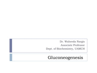 Gluconeogenesis
Dr. Waheeda Nargis
Associate Professor
Dept. of Biochemistry, UAMCH
 